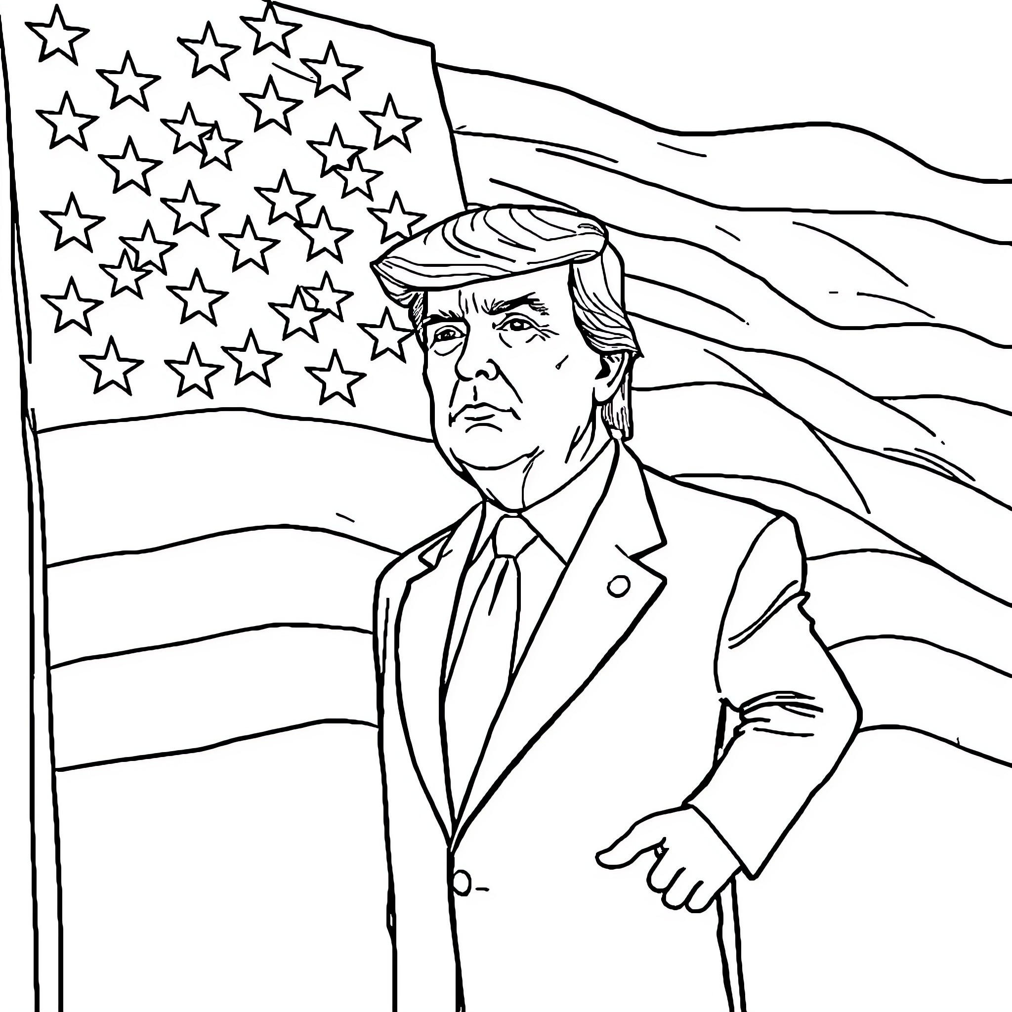 Donald Trump in Patriotic Suit and Flag Background Coloring Page (free black-and-white line drawing printable PDF for all, from beginners to advanced learners, including children, teens, adults, and seniors)