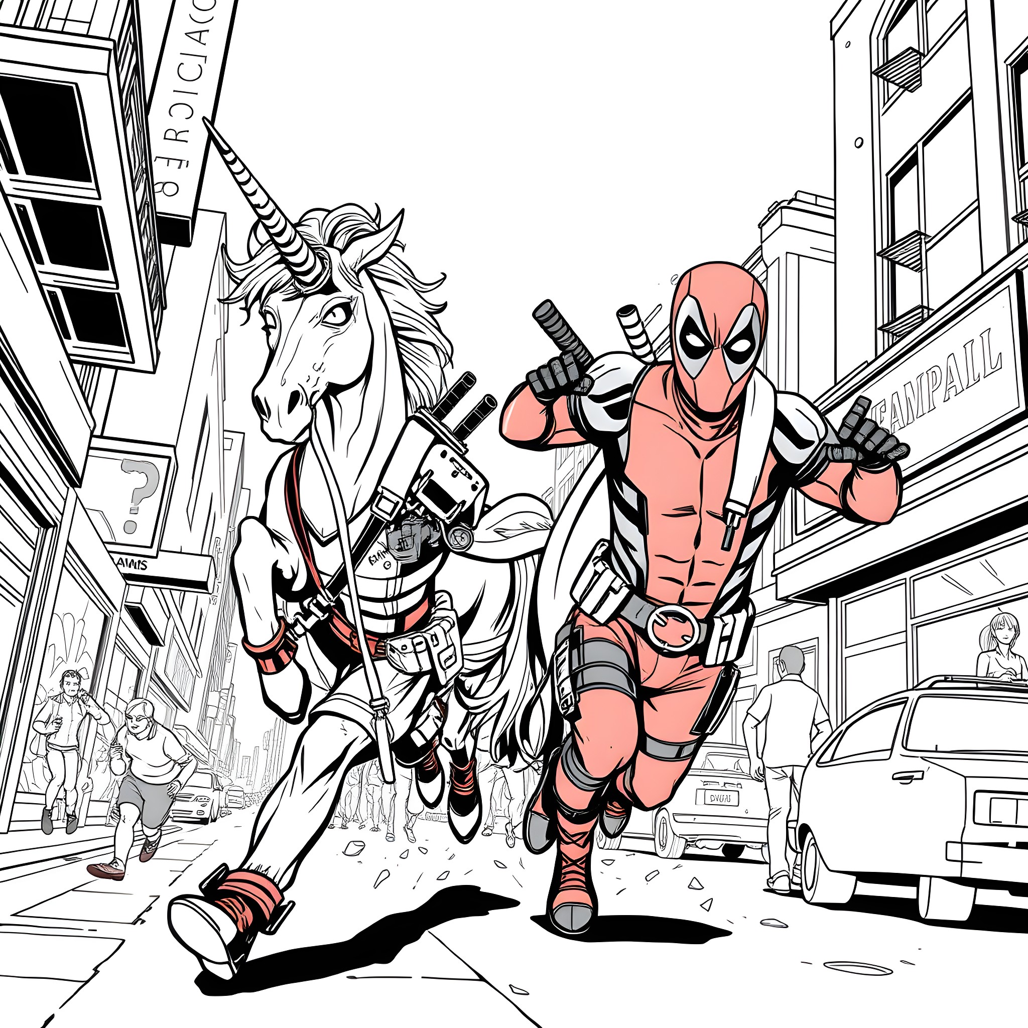 Deadpool's Chaotic Adventure with a Unicorn in the City Coloring Page (free black-and-white line drawing printable PDF for all, from beginners to advanced learners, including children, teens, adults, and seniors)