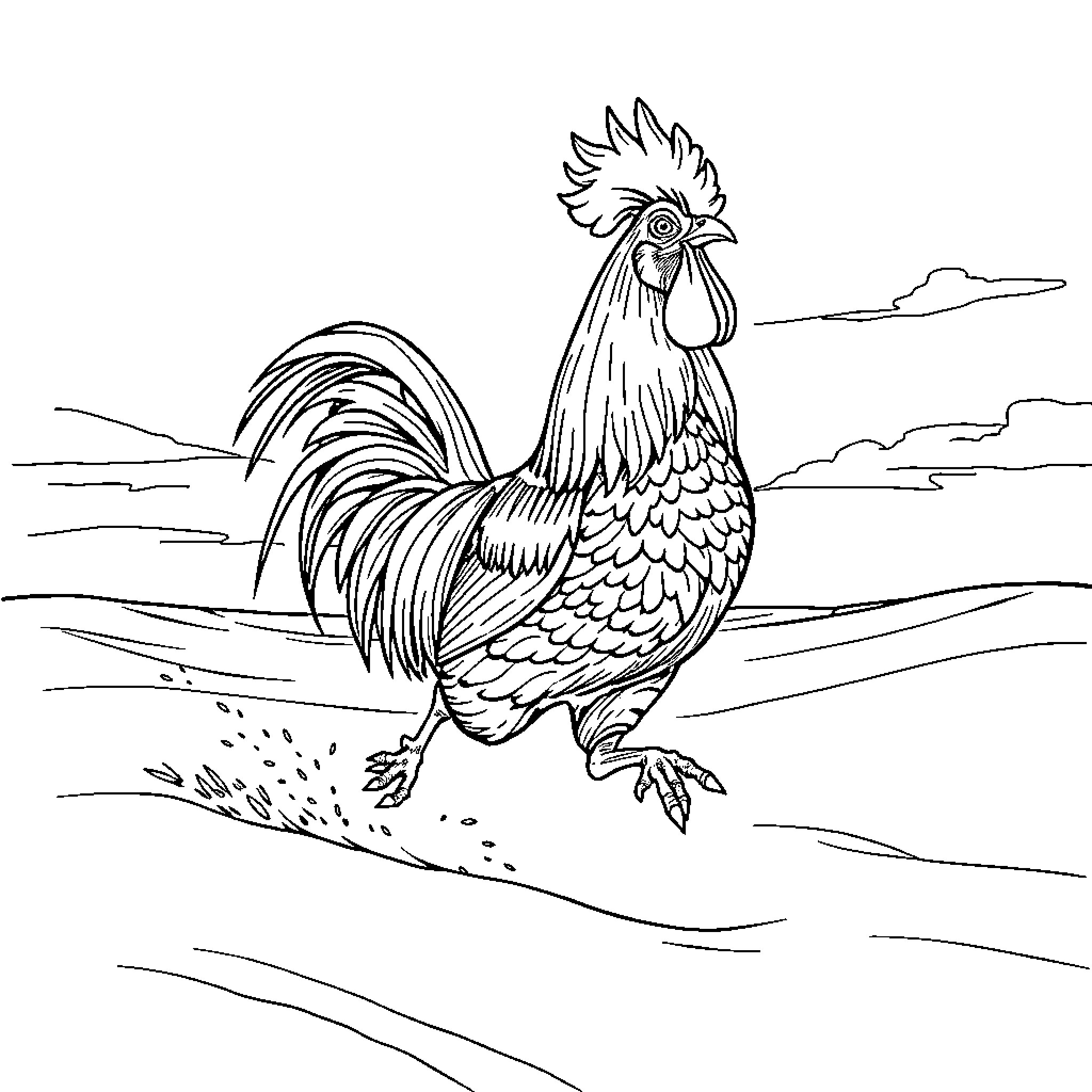 Rooster strutting confidently on a rural landscape Coloring Page (free black-and-white line drawing printable PDF for all, from beginners to advanced learners, including children, teens, adults, and seniors)
