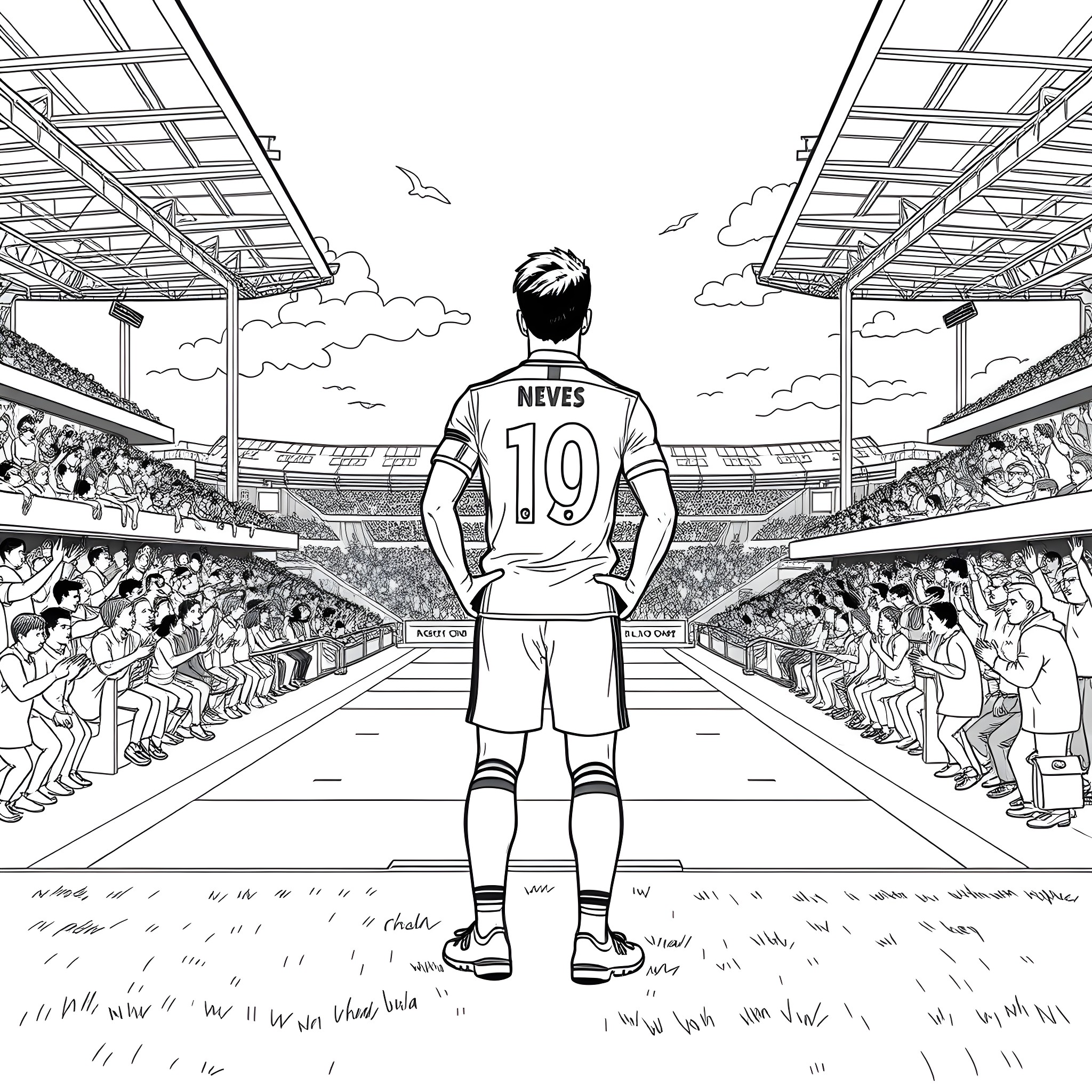 Ruben Neves standing on the pitch in a stadium Coloring Page (free black-and-white line drawing printable PDF for all, from beginners to advanced learners, including children, teens, adults, and seniors)