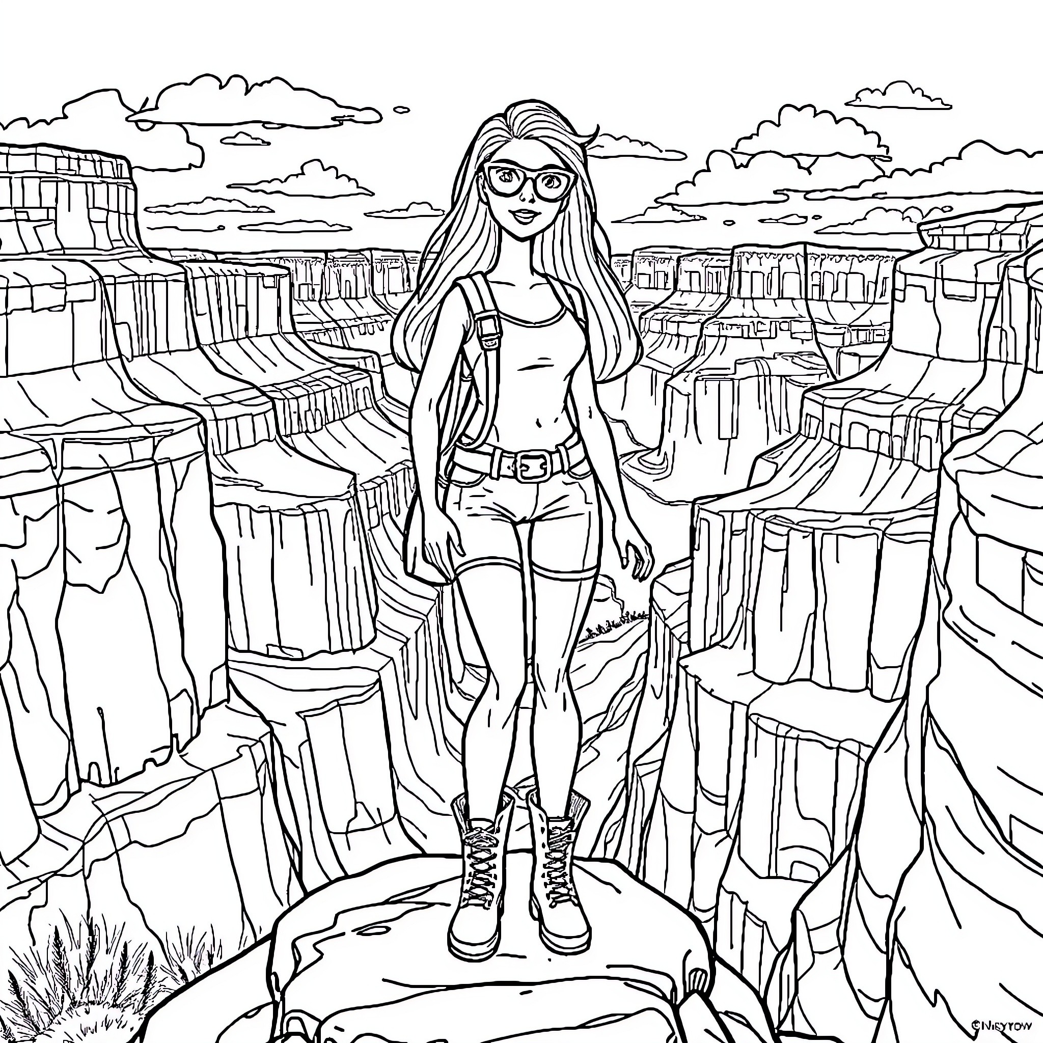 Barbie exploring the rugged landscape Coloring Page (free black-and-white line drawing printable PDF for all, from beginners to advanced learners, including children, teens, adults, and seniors)