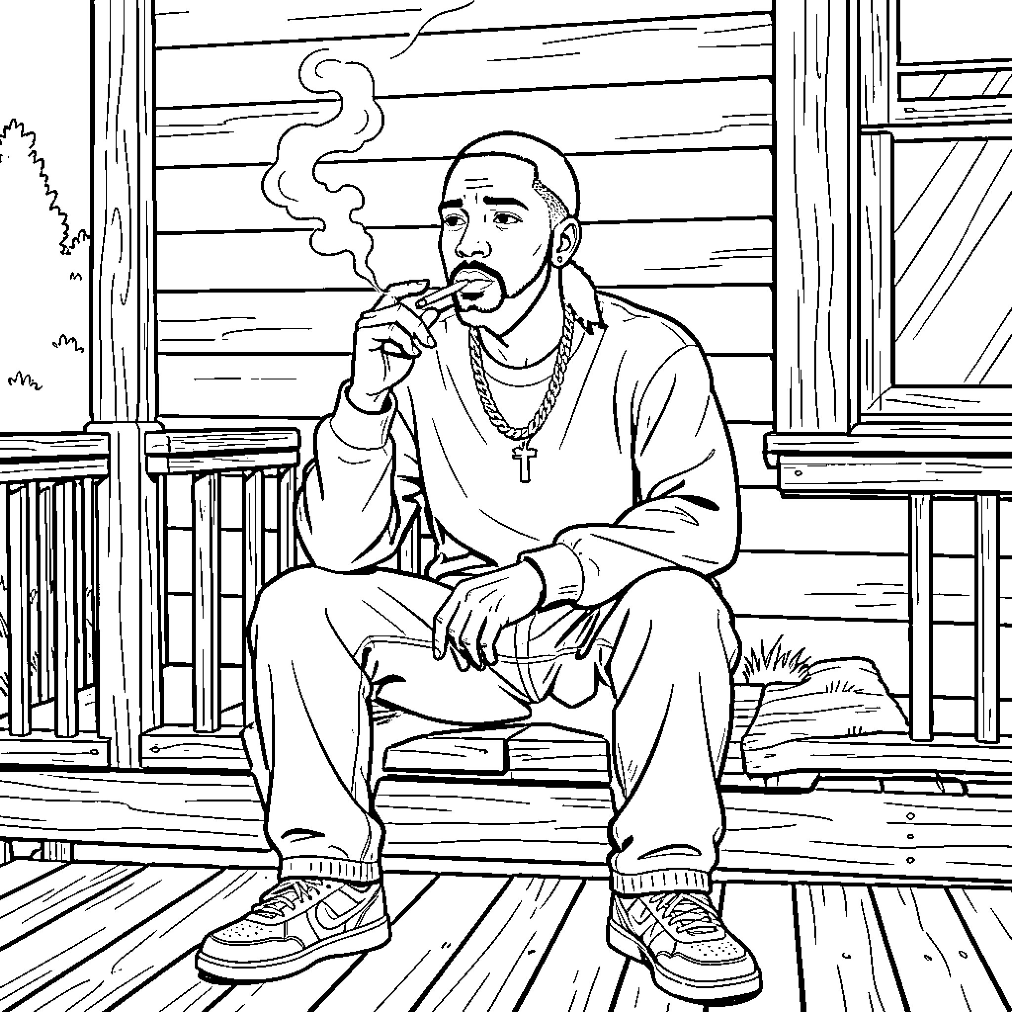 Tupac sitting on porch, pensive and contemplative Coloring Page (free black-and-white line drawing printable PDF for all, from beginners to advanced learners, including children, teens, adults, and seniors)