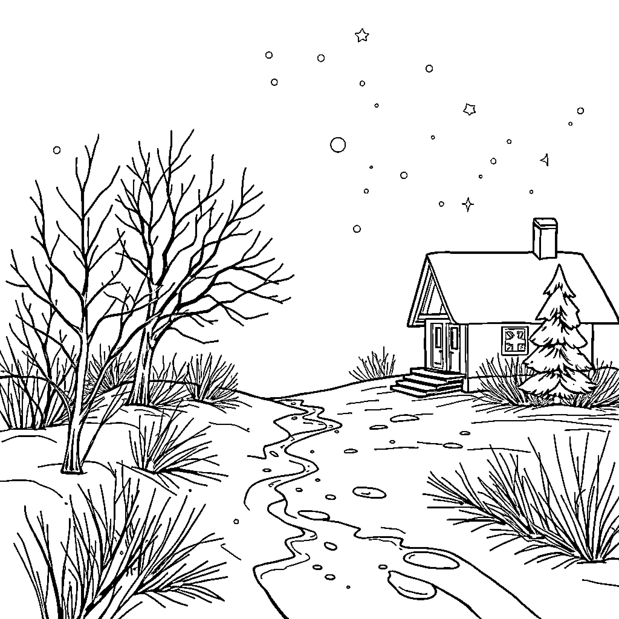 Déjà Mraz: Tranquil Cabin in the Winterscape Coloring Page (free black-and-white line drawing printable PDF for all, from beginners to advanced learners, including children, teens, adults, and seniors)