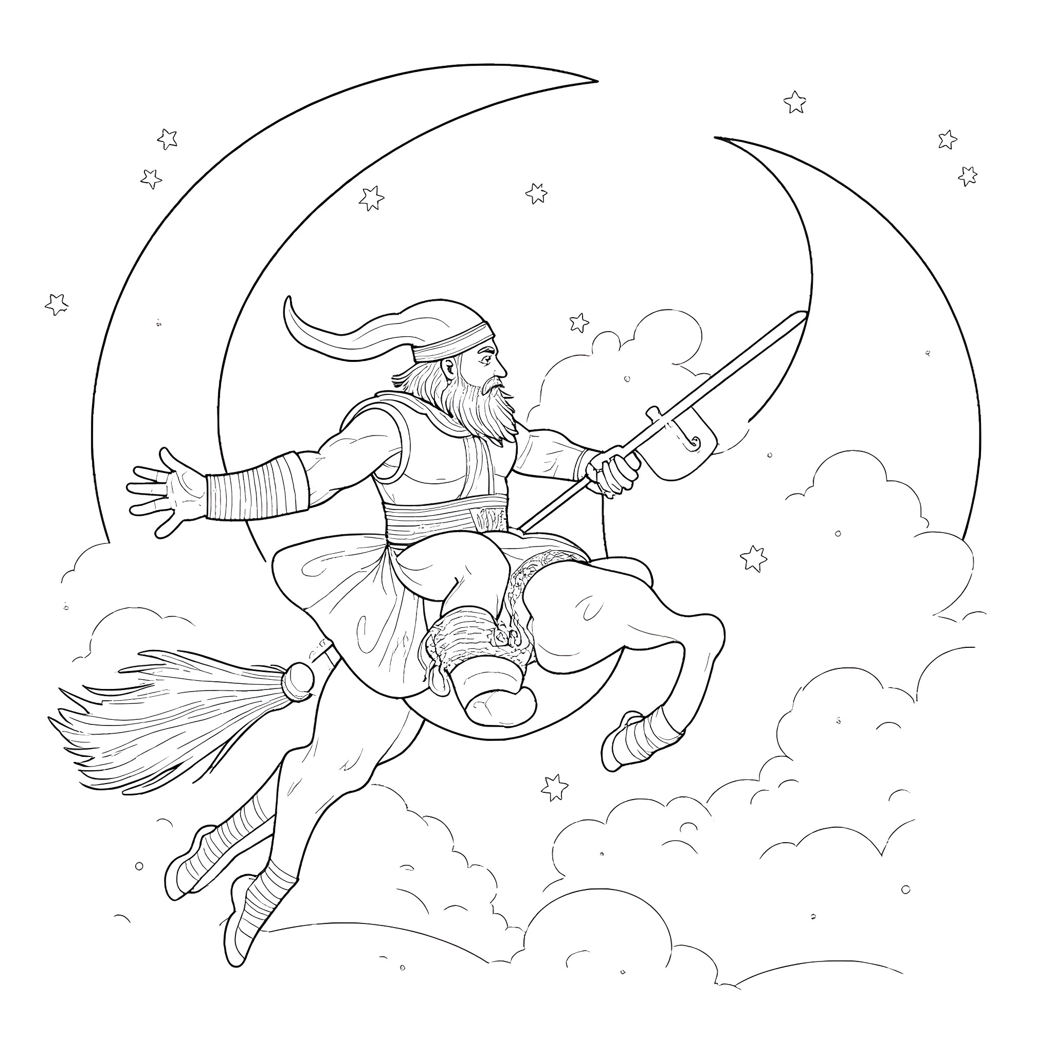 Viking warrior soaring through the night sky Coloring Page (free black-and-white line drawing printable PDF for all, from beginners to advanced learners, including children, teens, adults, and seniors)