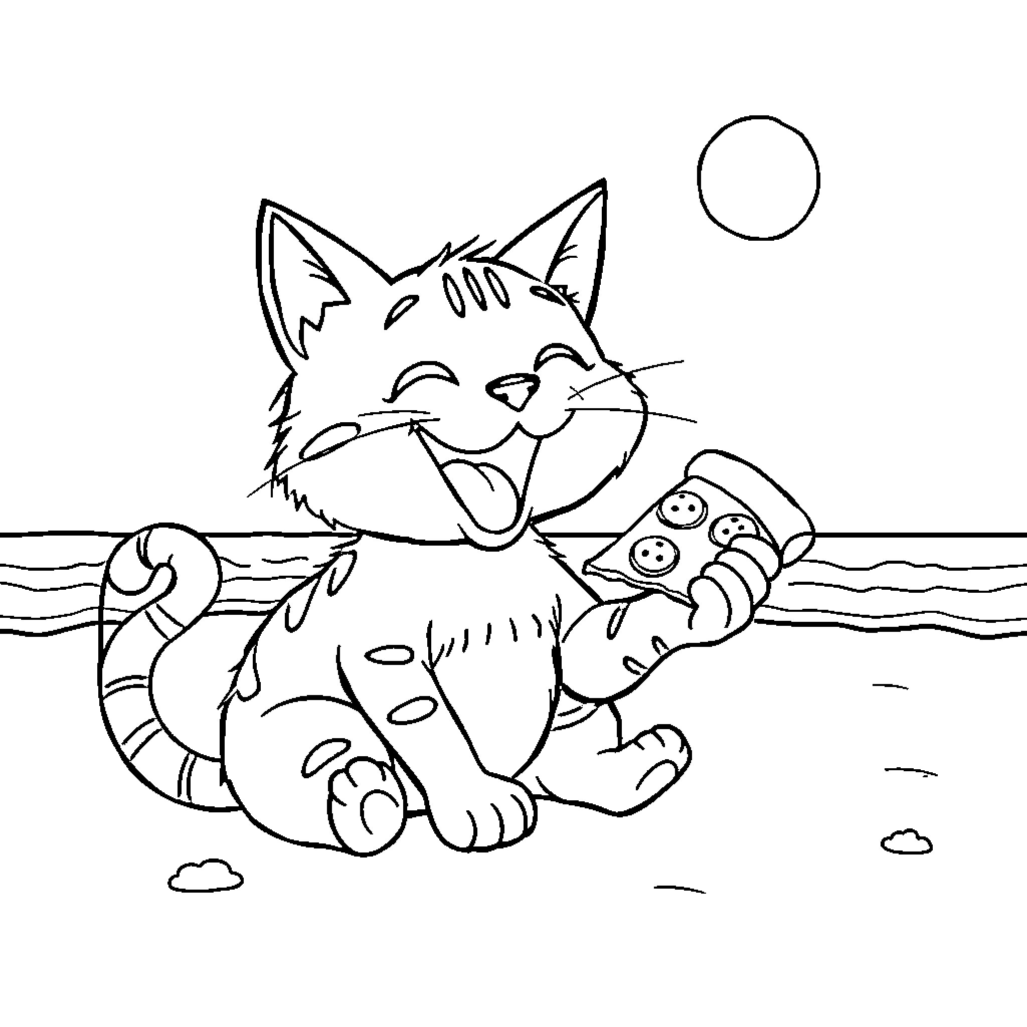 Cat enjoying the sunny day on the beach Coloring Page (free black-and-white line drawing printable PDF for all, from beginners to advanced learners, including children, teens, adults, and seniors)