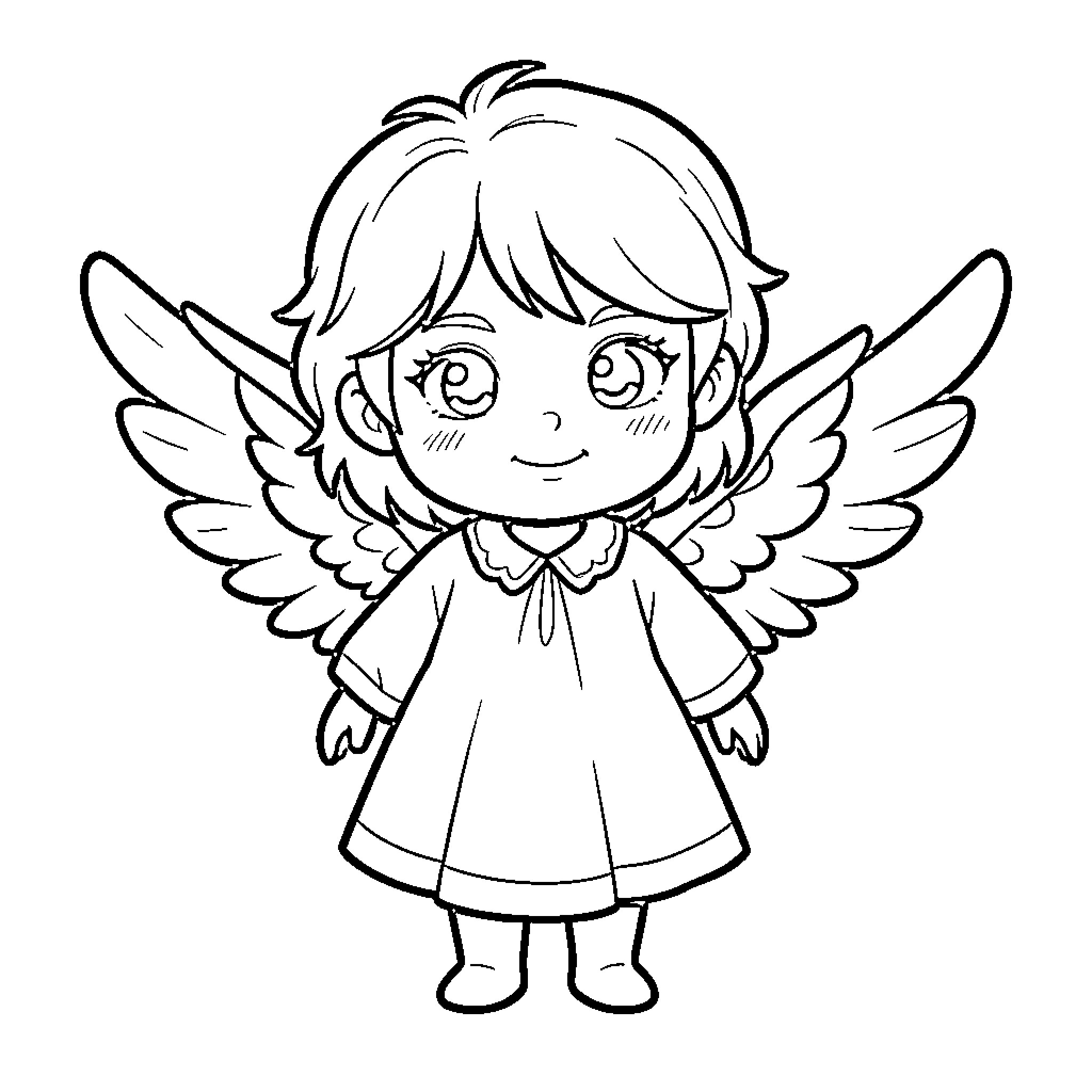 Angel with wings smiling warmly in a dress Coloring Page (free black-and-white line drawing printable PDF for all, from beginners to advanced learners, including children, teens, adults, and seniors)
