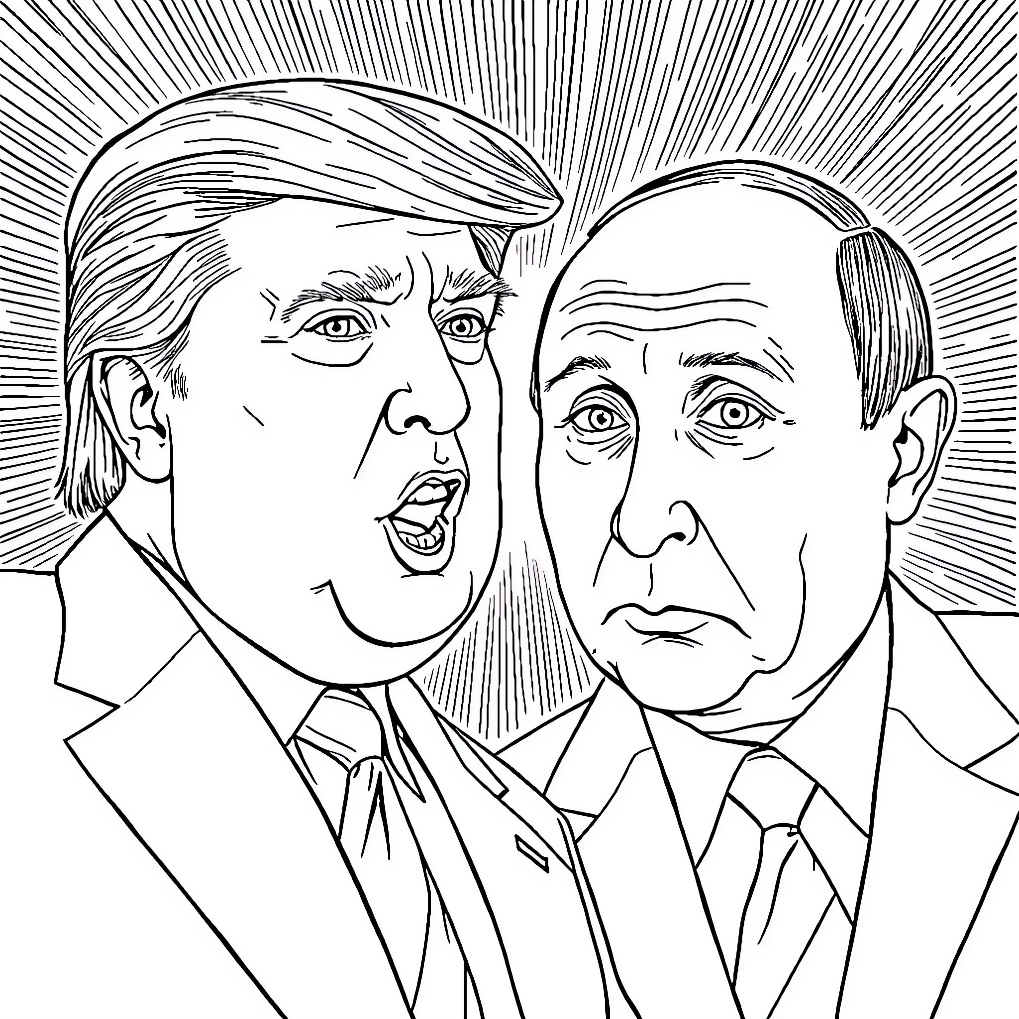 Trump's Confrontation with a Political Rival Coloring Page (free black-and-white line drawing printable PDF for all, from beginners to advanced learners, including children, teens, adults, and seniors)