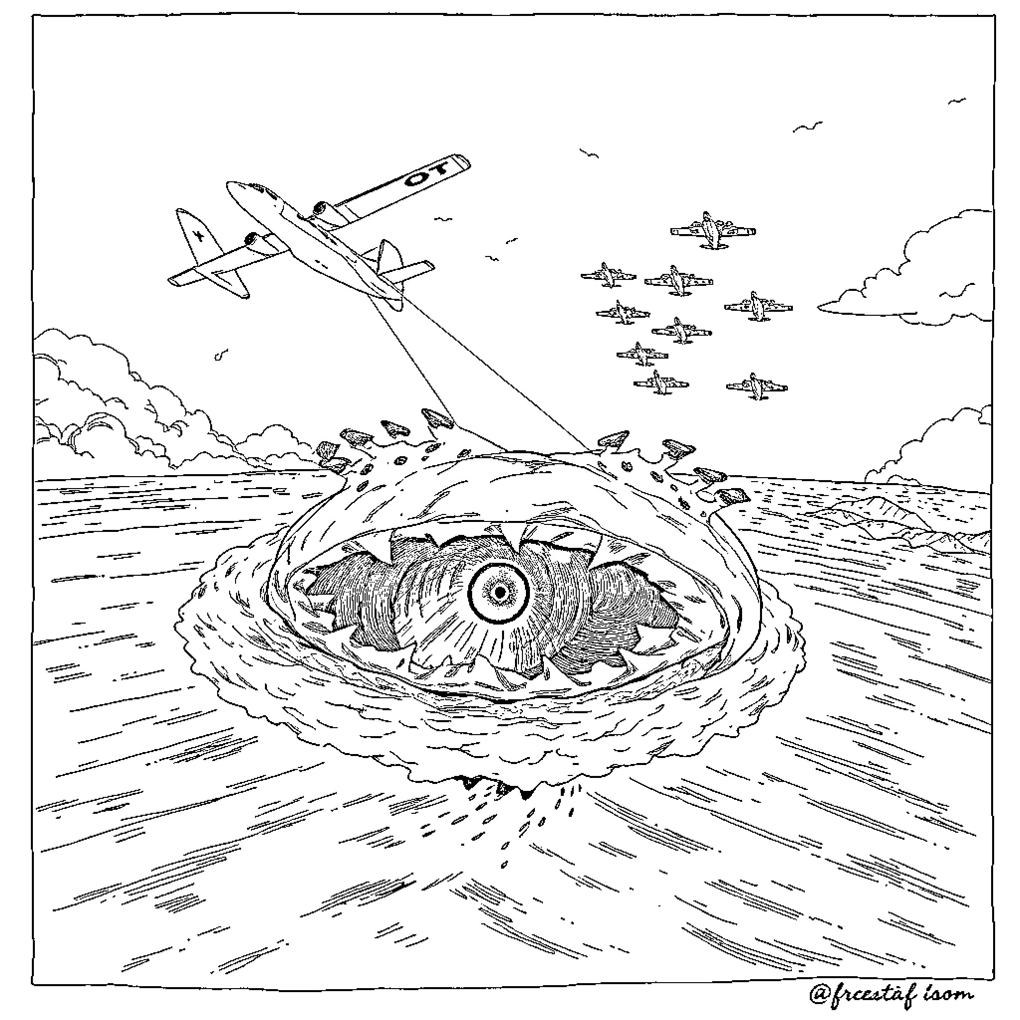 Avión sobre el mar con objeto misterioso Coloring Page (free black-and-white line drawing printable PDF for all, from beginners to advanced learners, including children, teens, adults, and seniors)