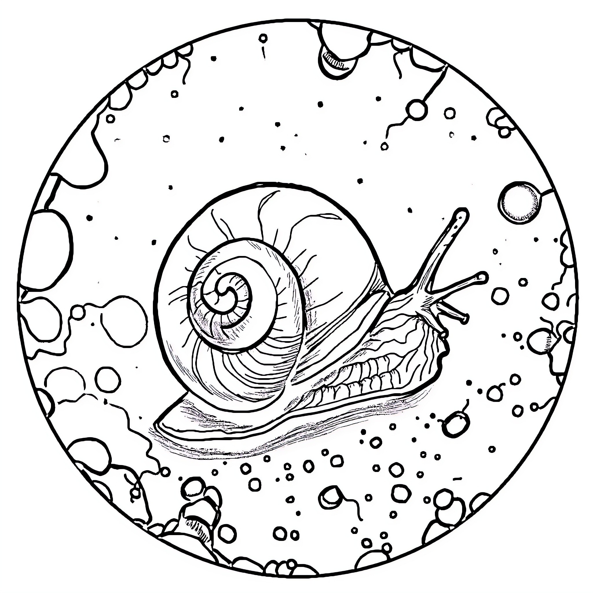 Snail exploring a fantastical world Coloring Page (free black-and-white line drawing printable PDF for all, from beginners to advanced learners, including children, teens, adults, and seniors)