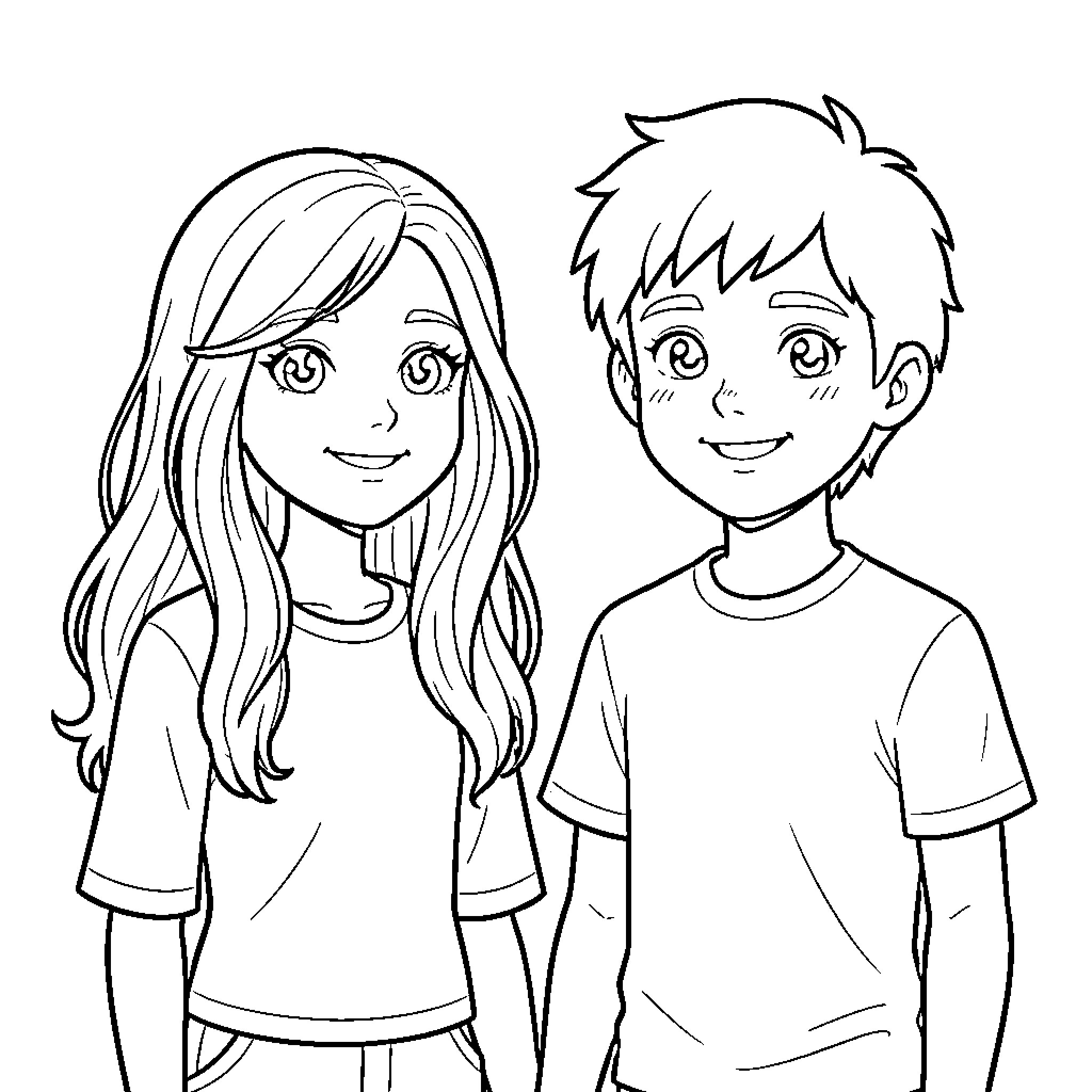 Child friends smiling and posing together Coloring Page (free black-and-white line drawing printable PDF for all, from beginners to advanced learners, including children, teens, adults, and seniors)