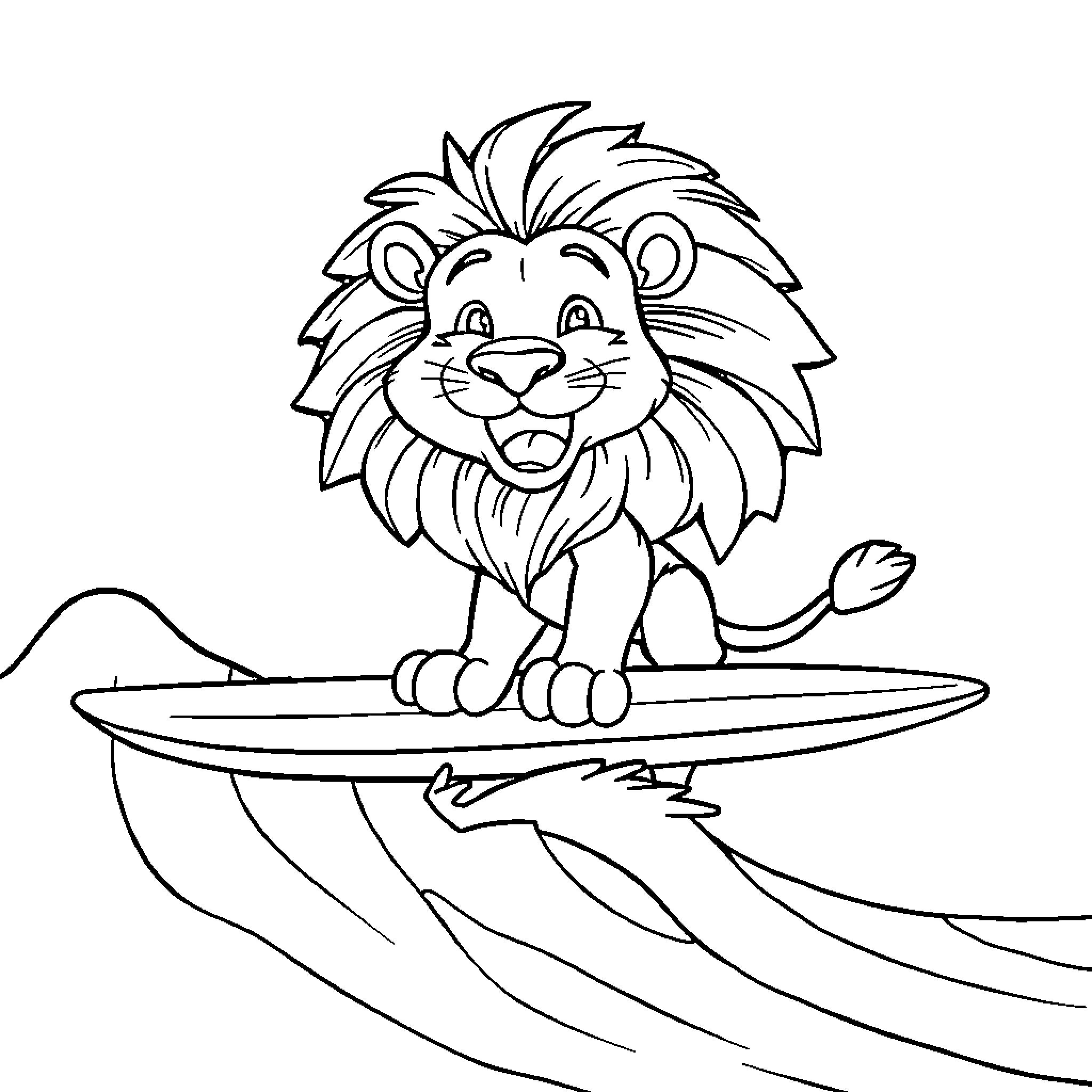Lion Surfing the Waves Coloring Page (free black-and-white line drawing printable PDF for all, from beginners to advanced learners, including children, teens, adults, and seniors)