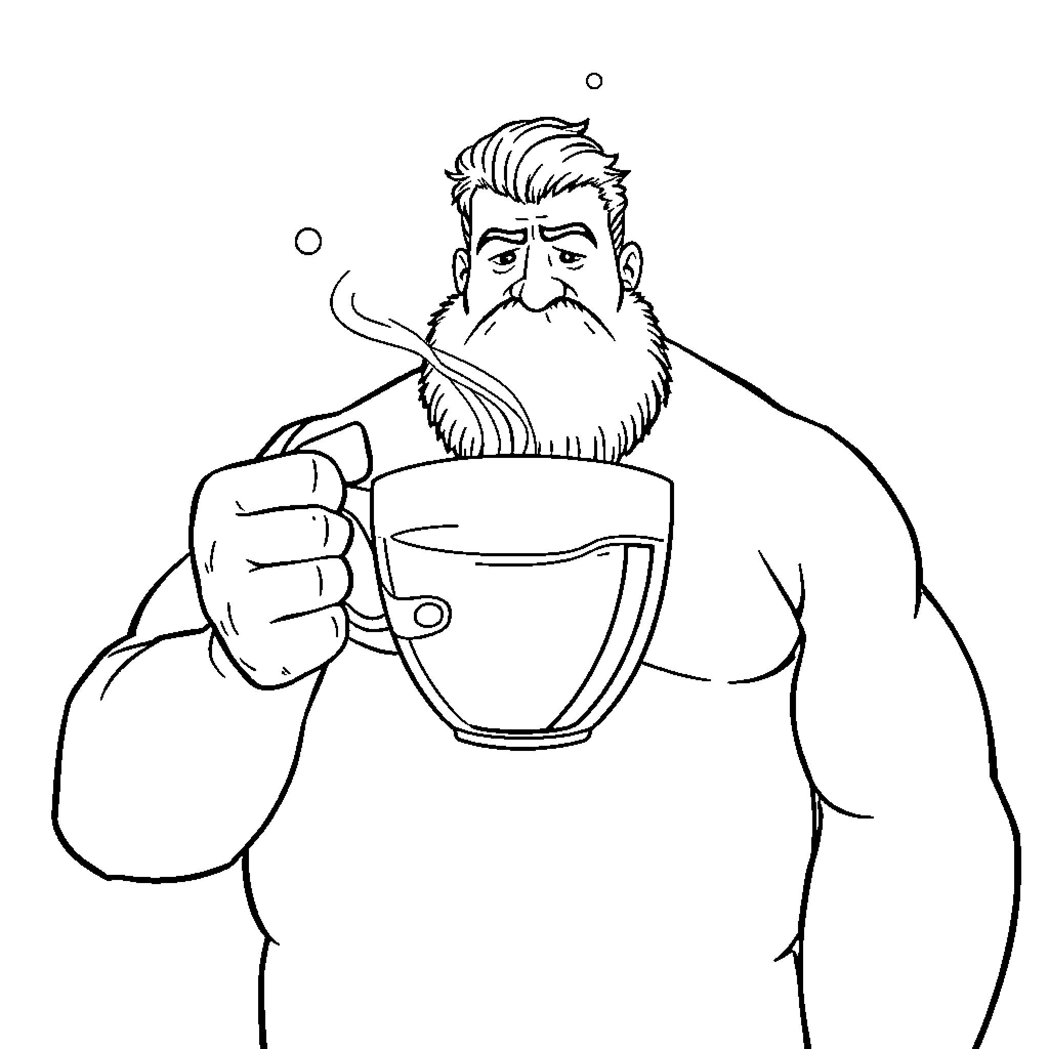 Giant Bearded Man Enjoying Hot Beverage Coloring Page (free black-and-white line drawing printable PDF for all, from beginners to advanced learners, including children, teens, adults, and seniors)