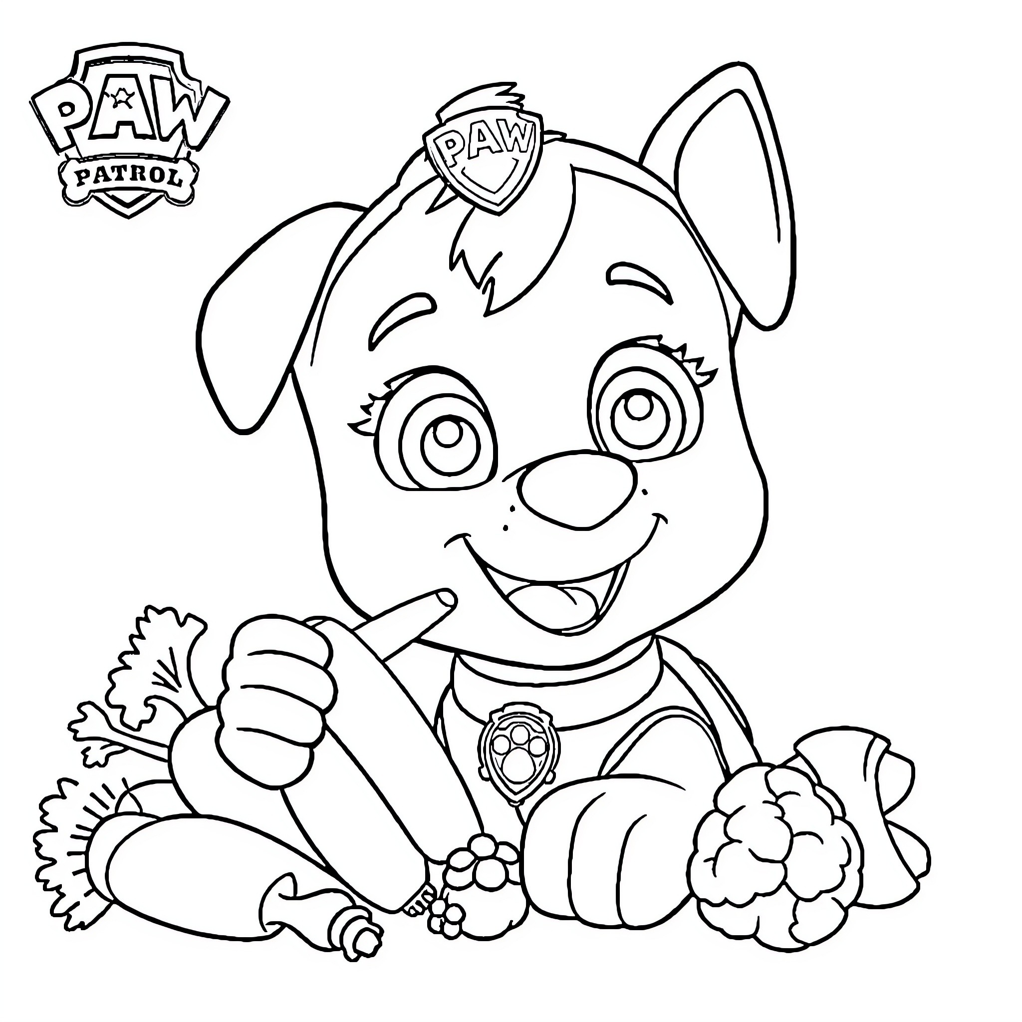 Skye from Paw Patrol playing with vegetables Coloring Page (free black-and-white line drawing printable PDF for all, from beginners to advanced learners, including children, teens, adults, and seniors)