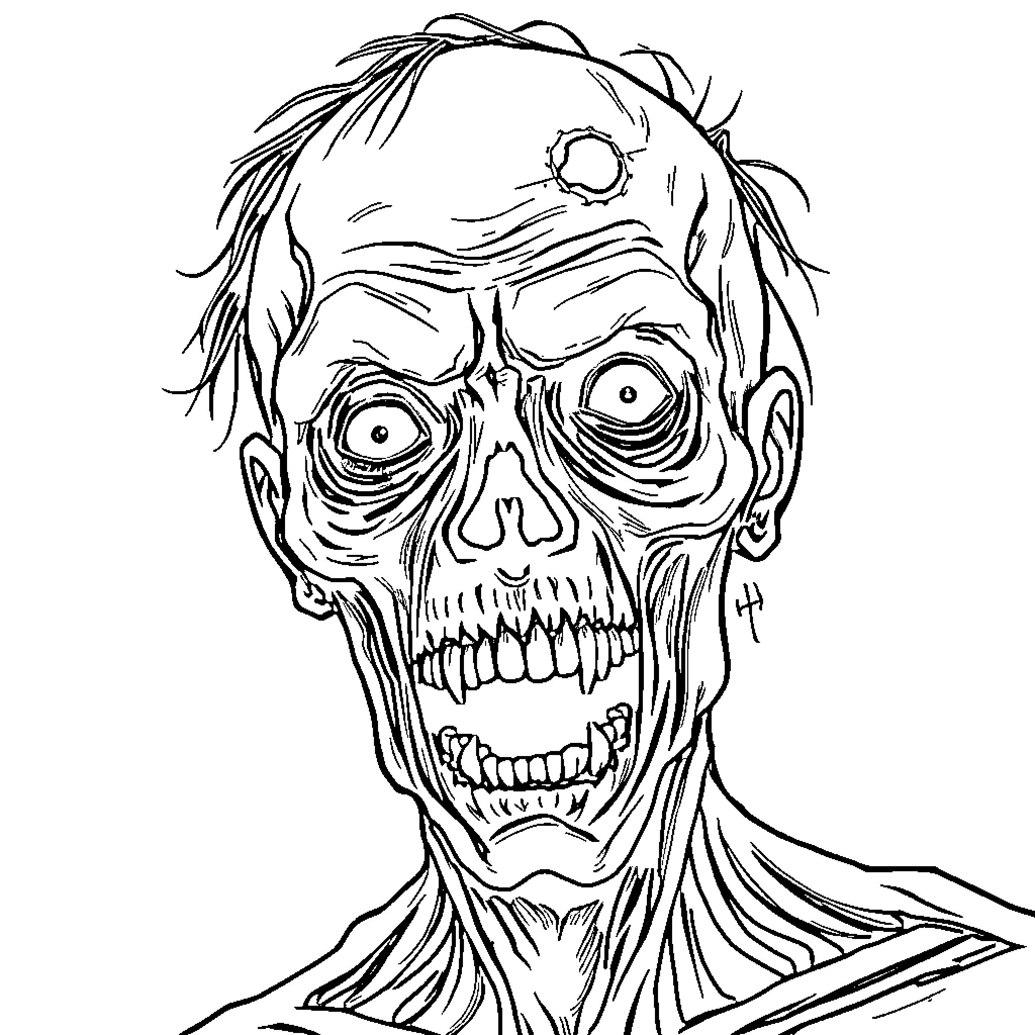 Zombie with grotesque expression and damaged skin Coloring Page (free black-and-white line drawing printable PDF for all, from beginners to advanced learners, including children, teens, adults, and seniors)