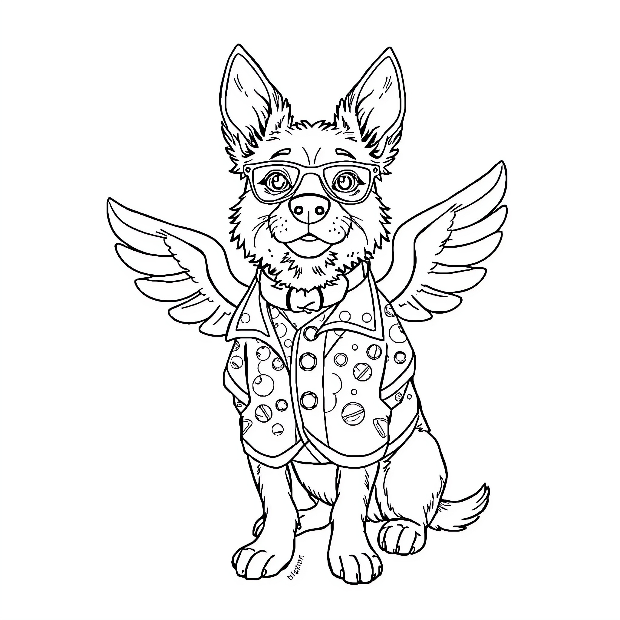 Perro with wings and eyeglasses in costume Coloring Page (free black-and-white line drawing printable PDF for all, from beginners to advanced learners, including children, teens, adults, and seniors)