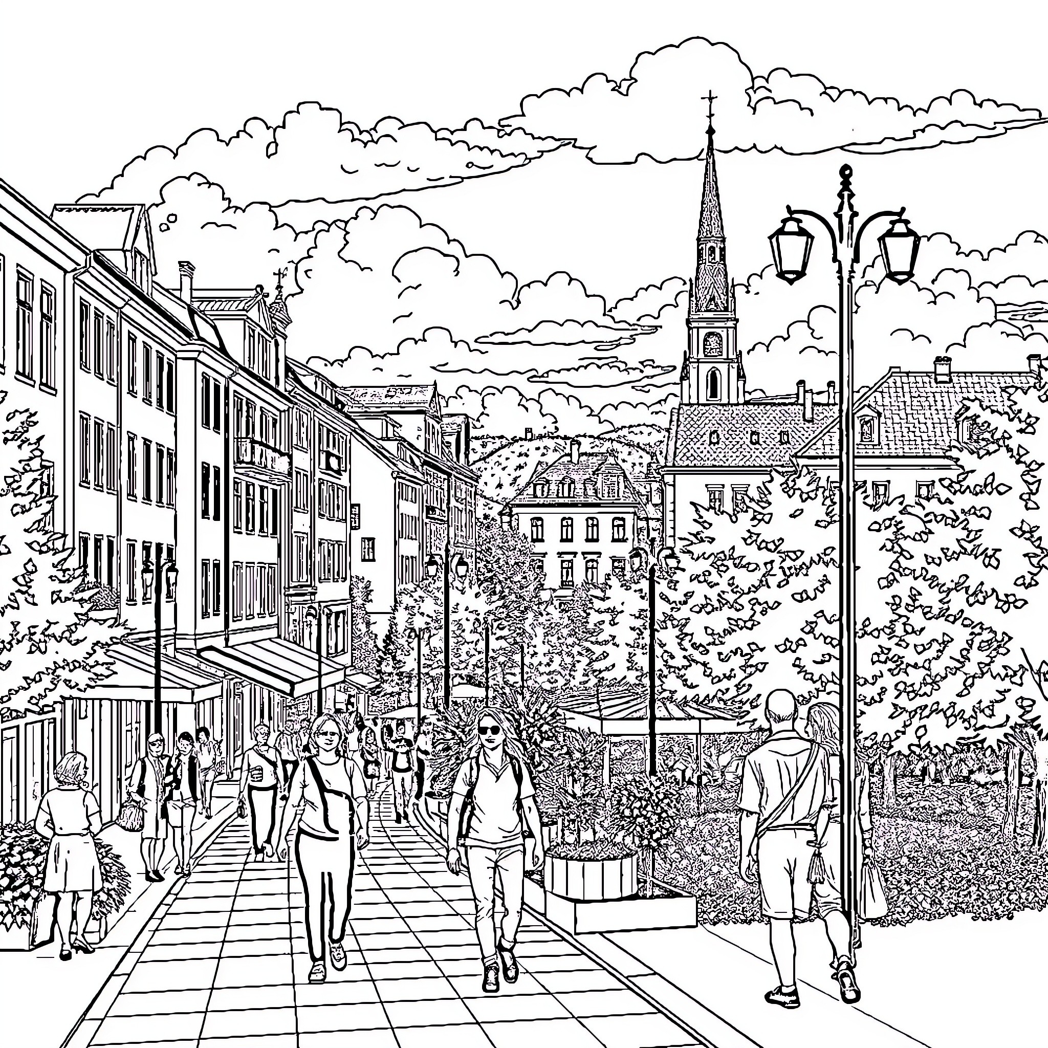 Sundsvall cityscape with bustling pedestrian activity Coloring Page (free black-and-white line drawing printable PDF for all, from beginners to advanced learners, including children, teens, adults, and seniors)
