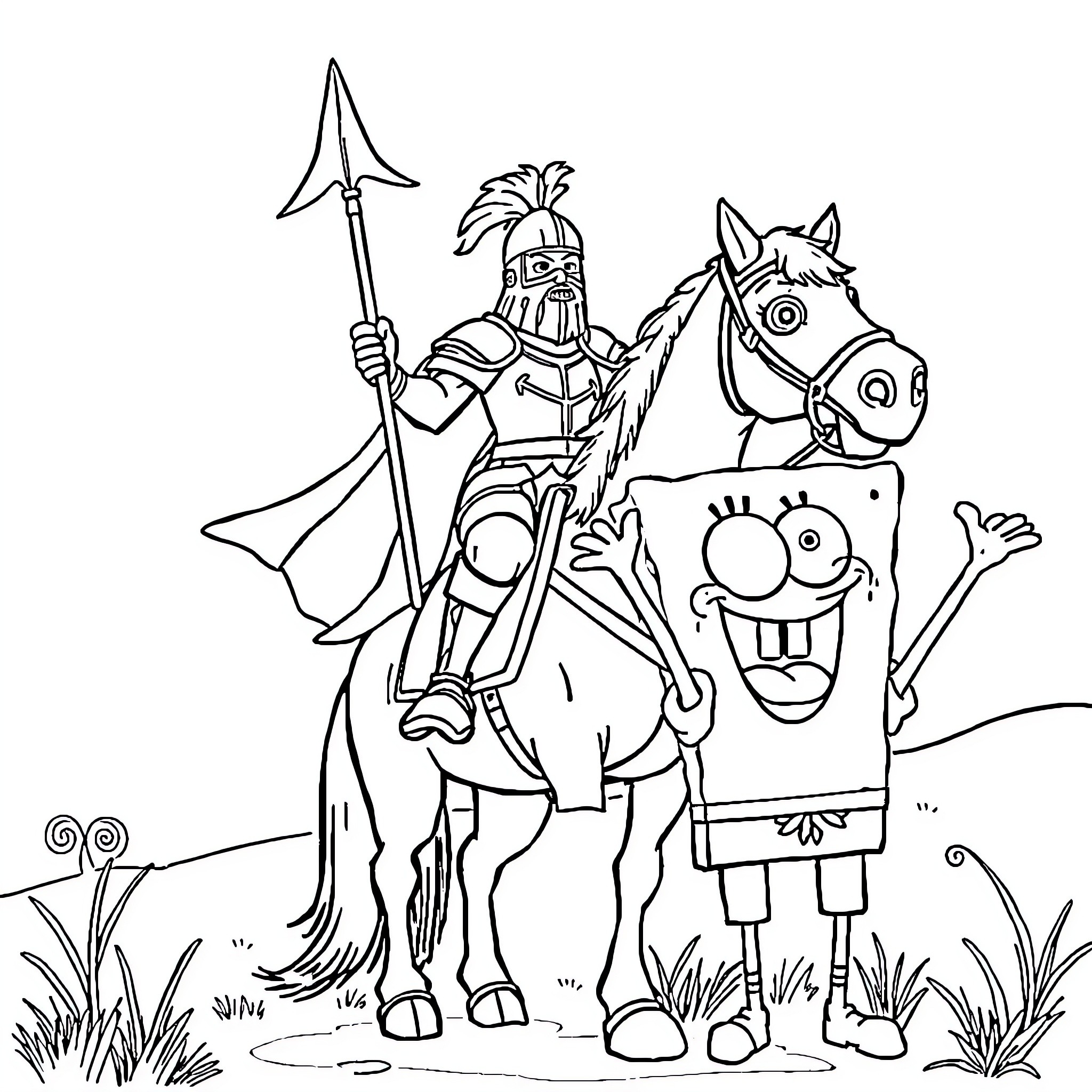 Knight riding horse with whimsical companion Coloring Page (free black-and-white line drawing printable PDF for all, from beginners to advanced learners, including children, teens, adults, and seniors)