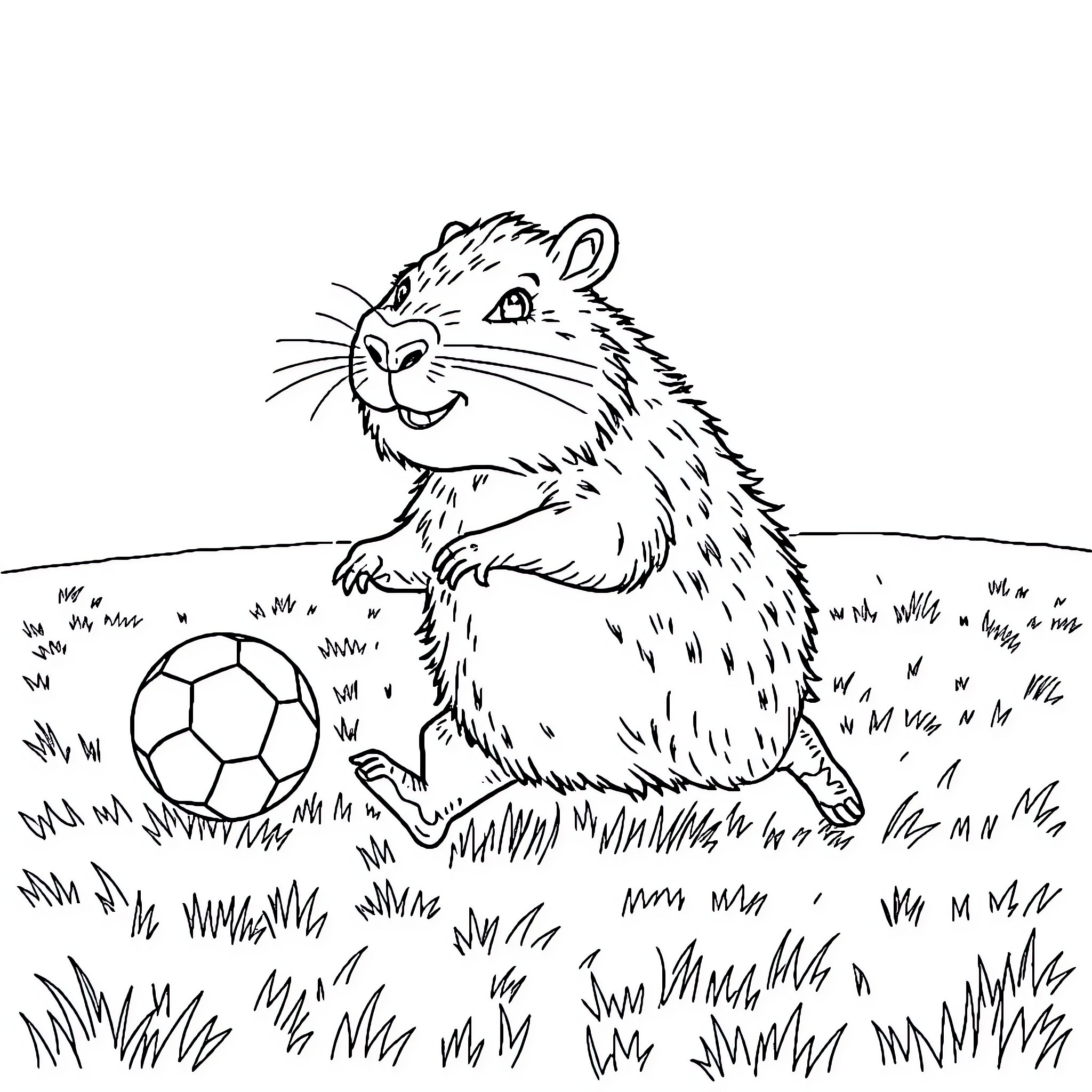 Capybara playing with soccer ball in grassy field Coloring Page (free black-and-white line drawing printable PDF for all, from beginners to advanced learners, including children, teens, adults, and seniors)