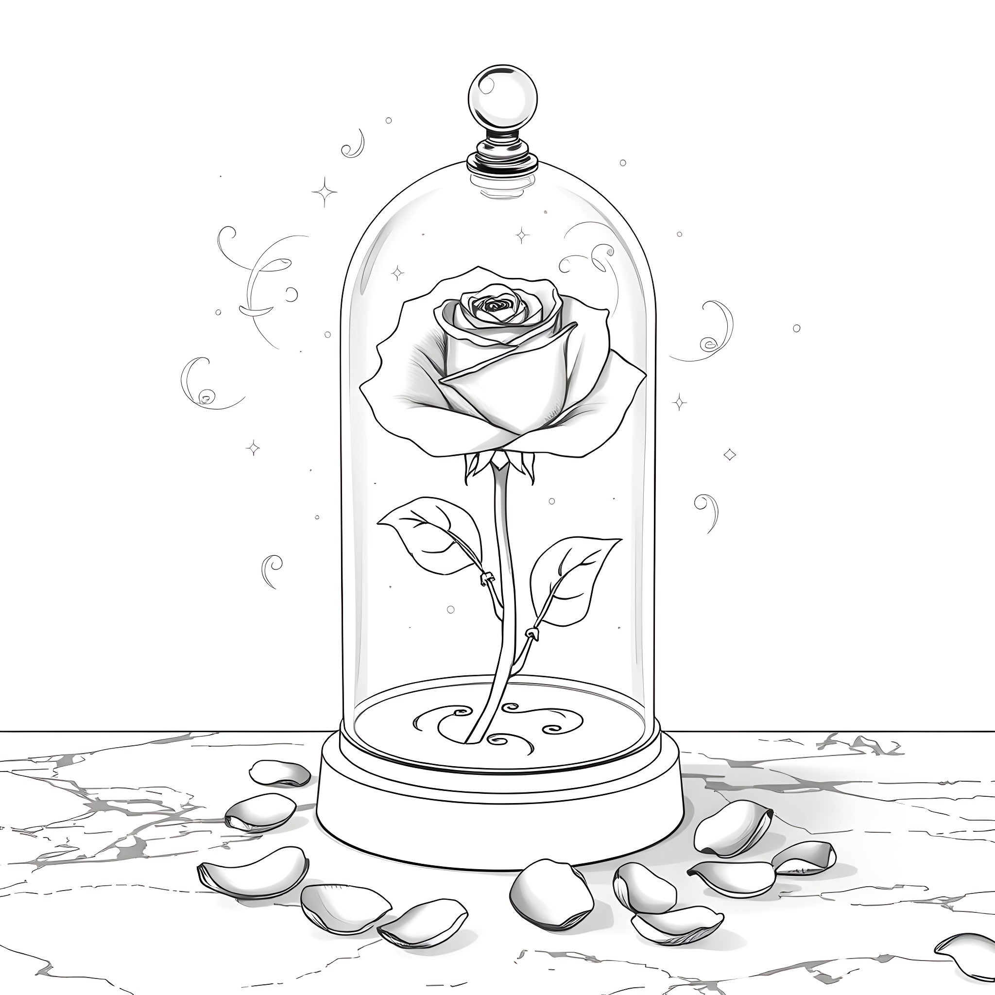 Rose Preserved in Glass Dome Coloring Page (free black-and-white line drawing printable PDF for all, from beginners to advanced learners, including children, teens, adults, and seniors)