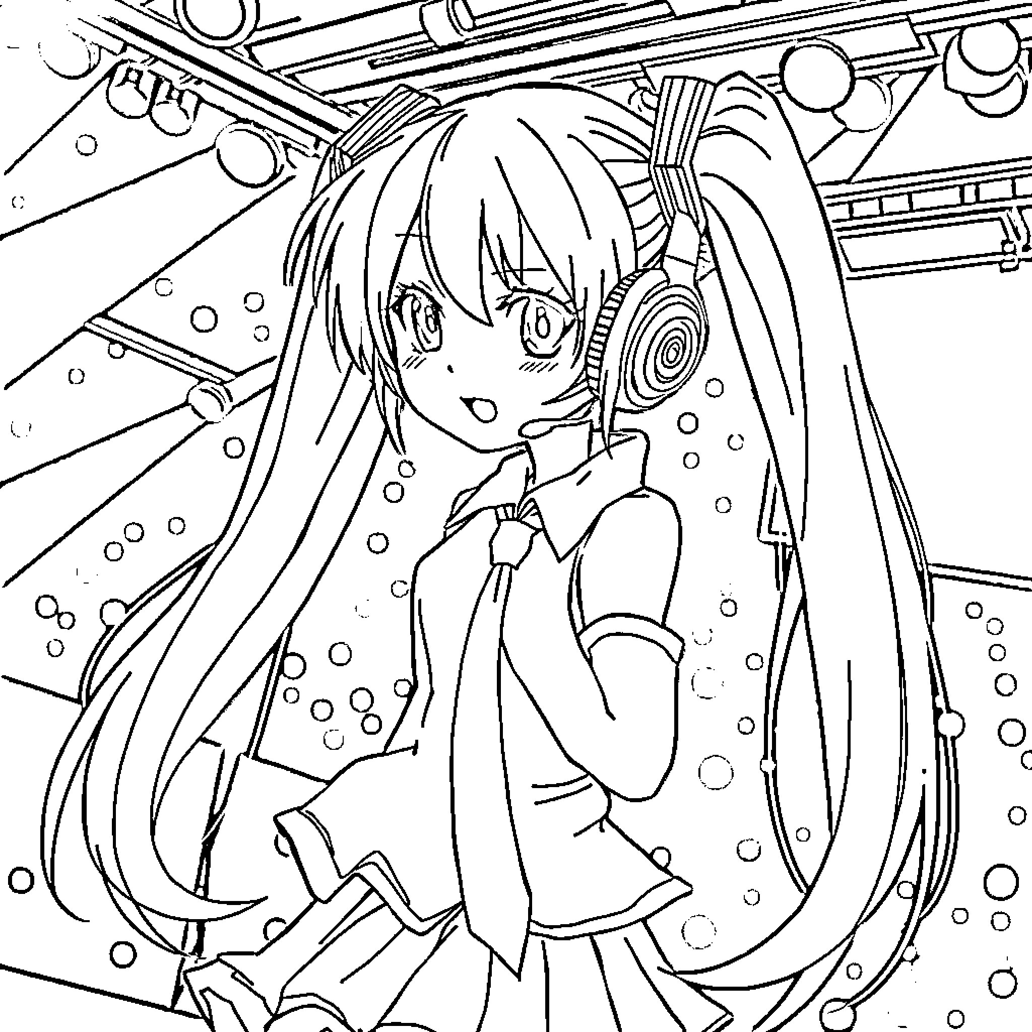 Hatsune Miku in a whimsical, animated scene Coloring Page (free black-and-white line drawing printable PDF for all, from beginners to advanced learners, including children, teens, adults, and seniors)