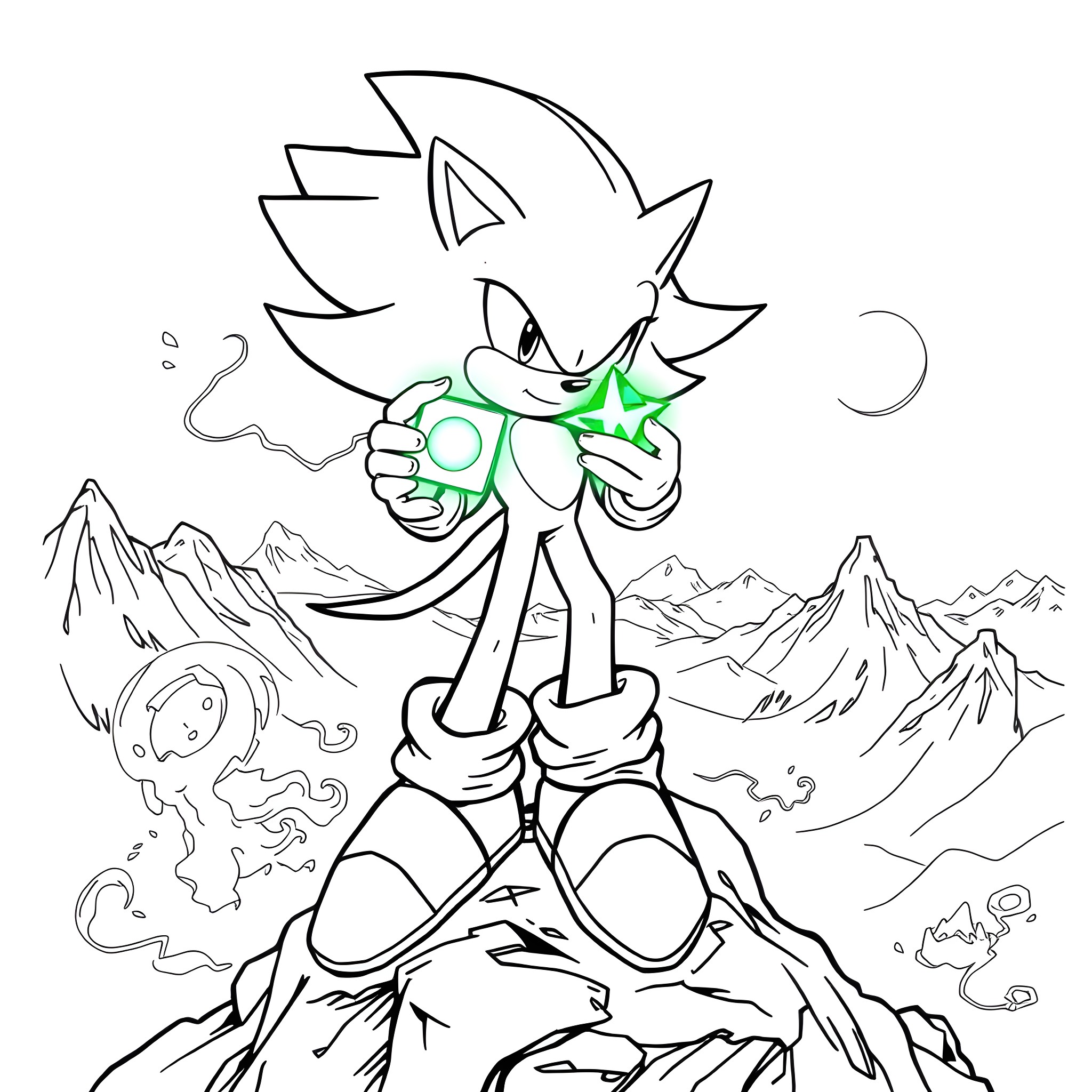 Sonic's Heroic Pose Amidst Mountainous Terrain Coloring Page (free black-and-white line drawing printable PDF for all, from beginners to advanced learners, including children, teens, adults, and seniors)