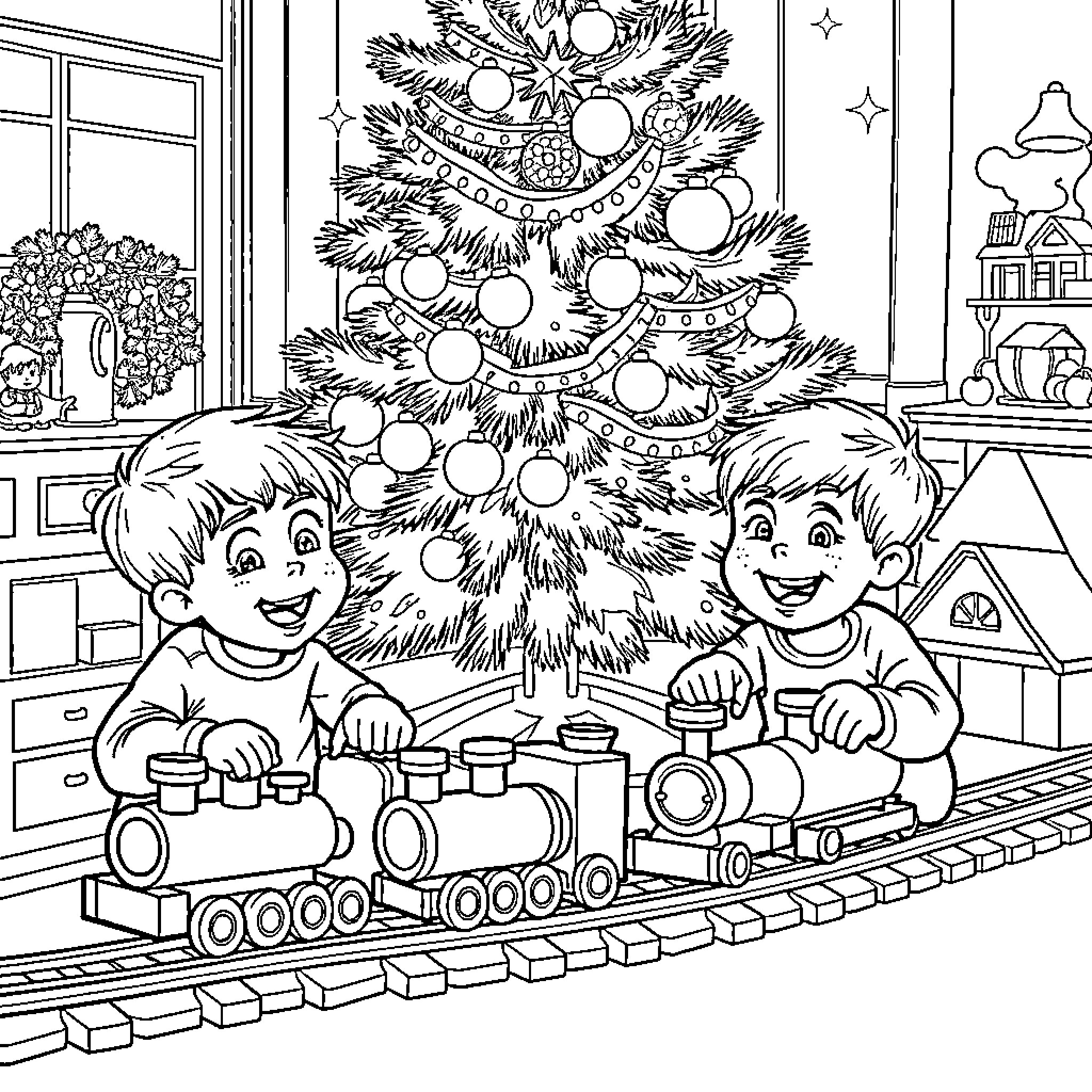 Boy playing with toy trains around Christmas tree Coloring Page (free black-and-white line drawing printable PDF for all, from beginners to advanced learners, including children, teens, adults, and seniors)