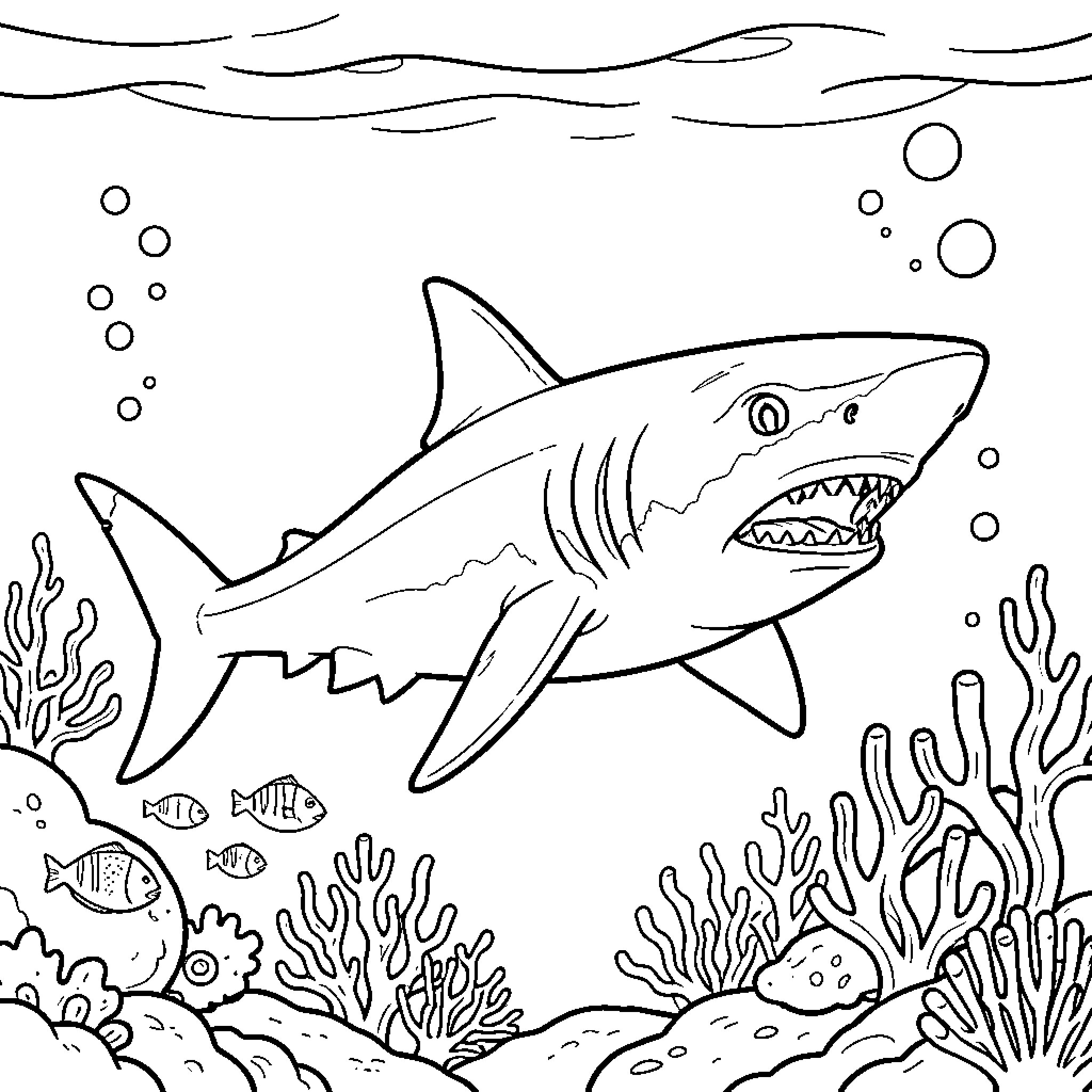 Shark swimming through a coral reef with small fish Coloring Page (free black-and-white line drawing printable PDF for all, from beginners to advanced learners, including children, teens, adults, and seniors)