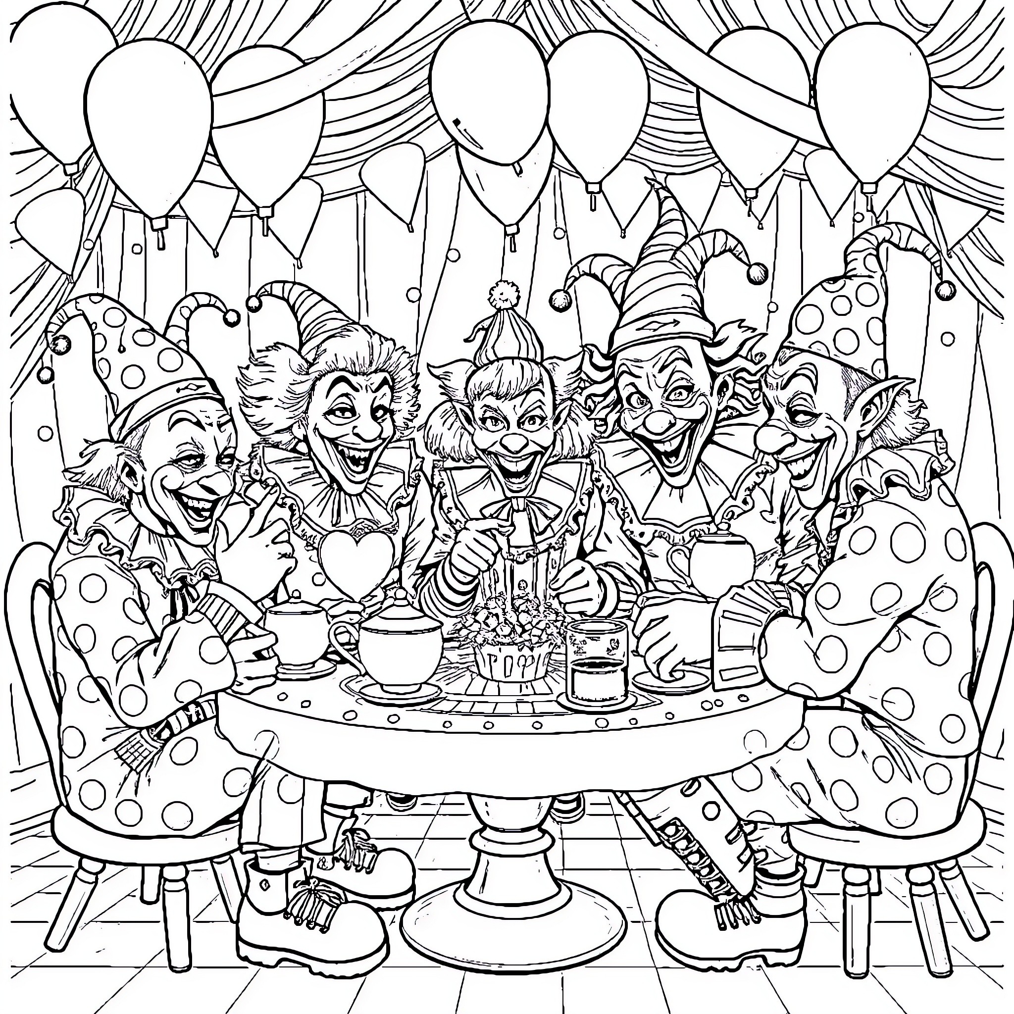 Clowns celebrating a festive party Coloring Page (free black-and-white line drawing printable PDF for all, from beginners to advanced learners, including children, teens, adults, and seniors)