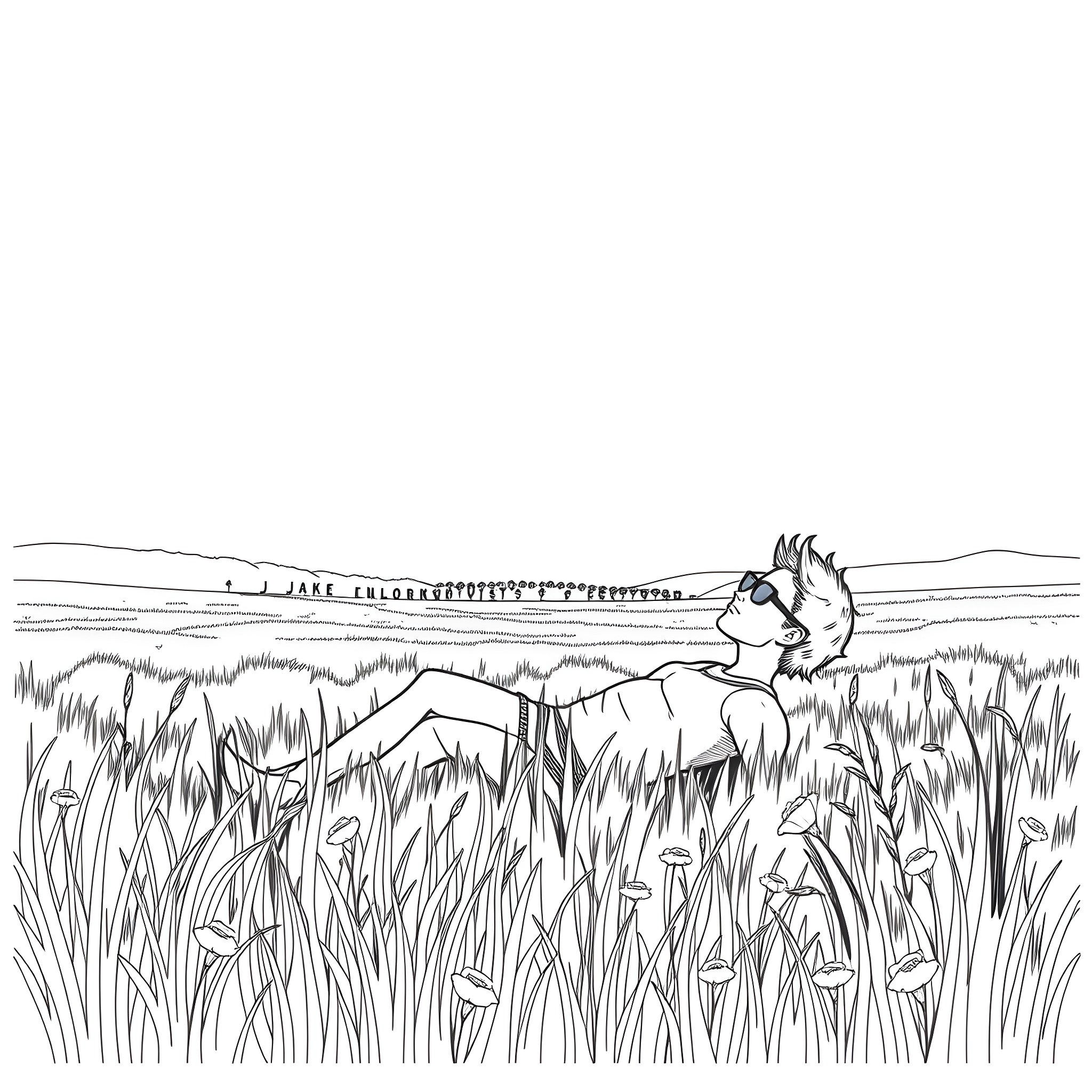Jake English exploring the grassy meadow Coloring Page (free black-and-white line drawing printable PDF for all, from beginners to advanced learners, including children, teens, adults, and seniors)
