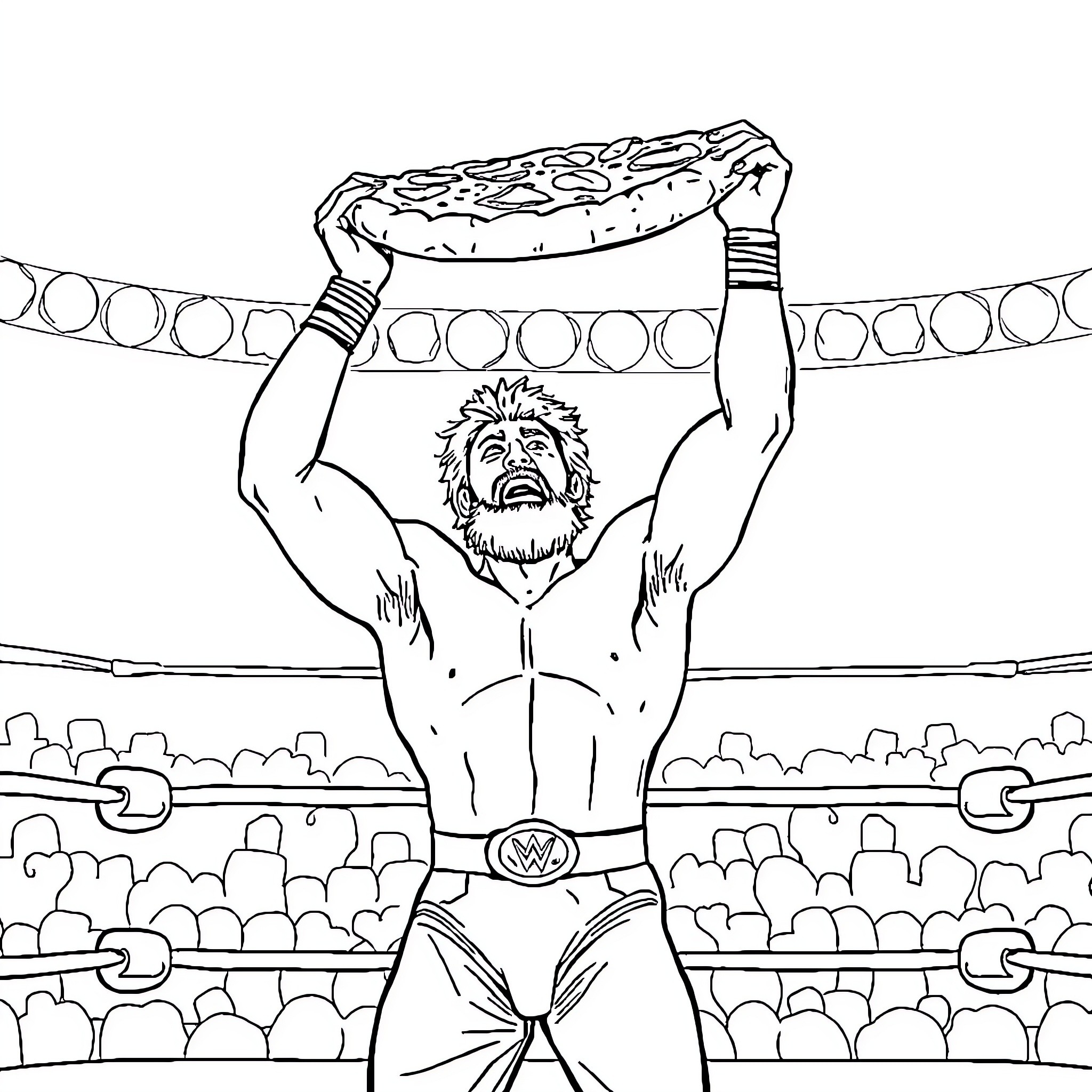 Wrestler Celebrating Victory in the Ring Coloring Page (free black-and-white line drawing printable PDF for all, from beginners to advanced learners, including children, teens, adults, and seniors)