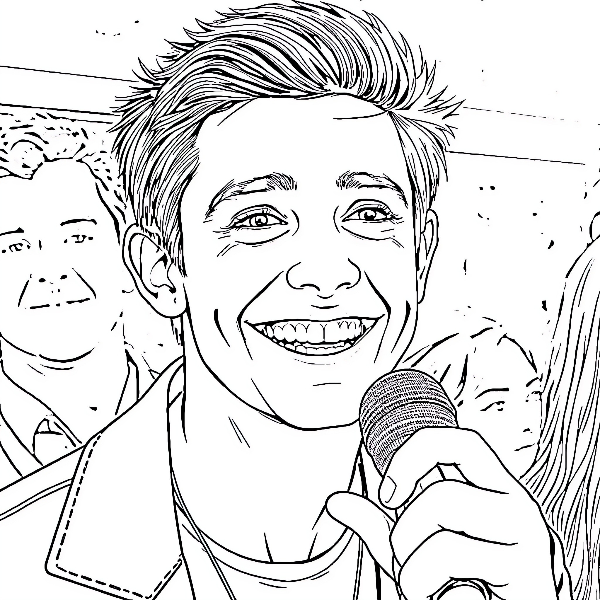 Aidan Gallagher Performing on Stage with Enthusiasm Coloring Page (free black-and-white line drawing printable PDF for all, from beginners to advanced learners, including children, teens, adults, and seniors)