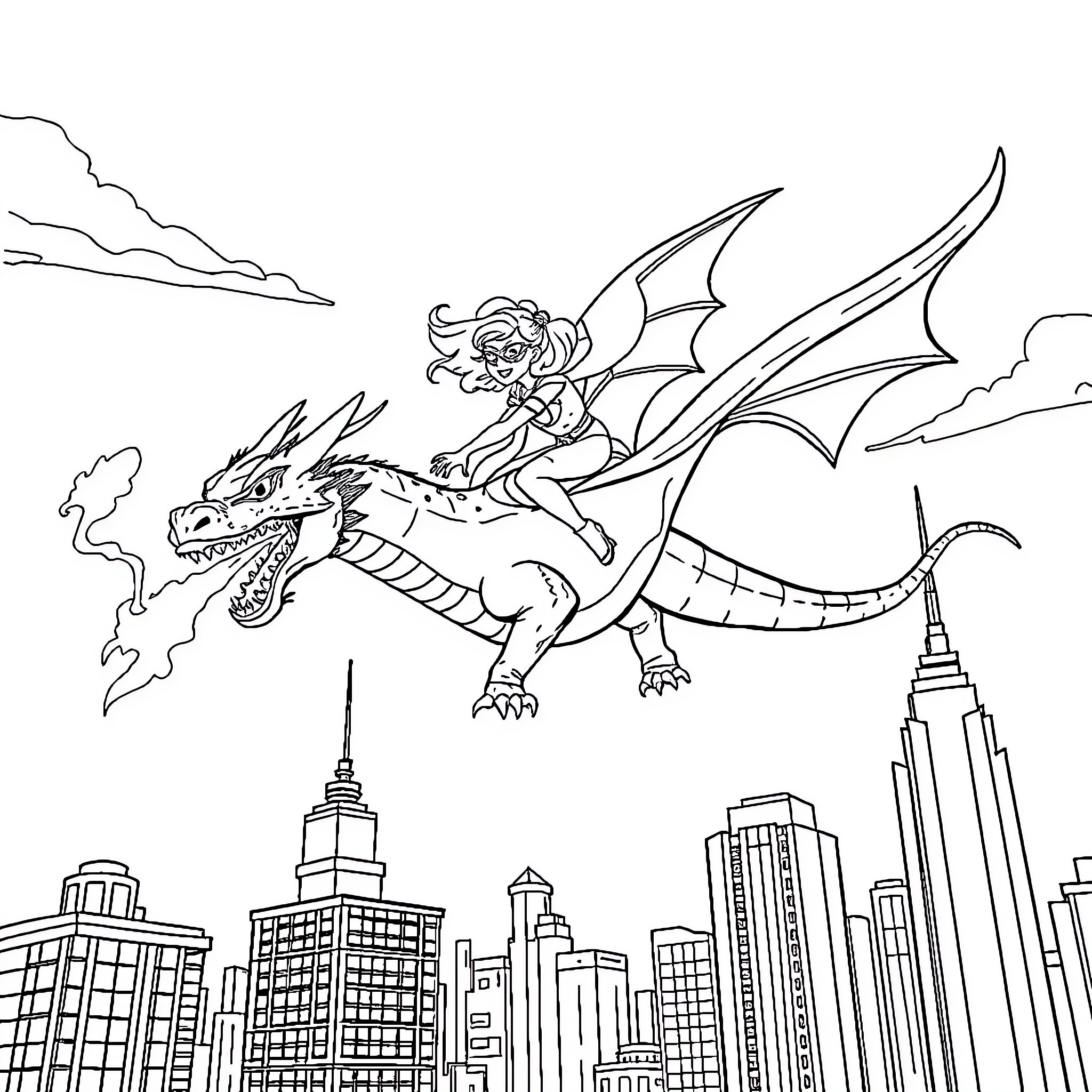 Superhero Girl riding a majestic dragon over the city Coloring Page (free black-and-white line drawing printable PDF for all, from beginners to advanced learners, including children, teens, adults, and seniors)