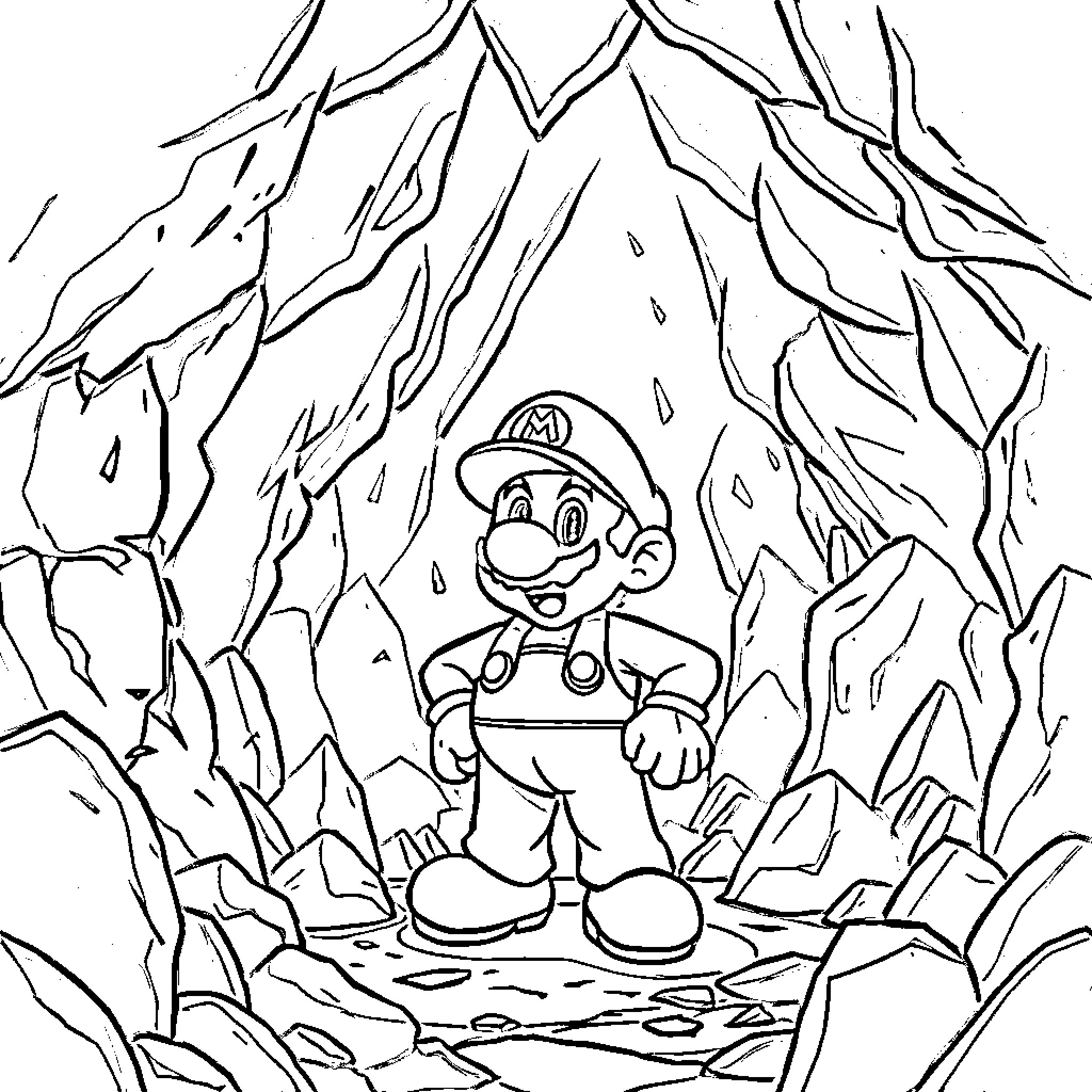 Mario navigating through the rocky mountain terrain Coloring Page (free black-and-white line drawing printable PDF for all, from beginners to advanced learners, including children, teens, adults, and seniors)