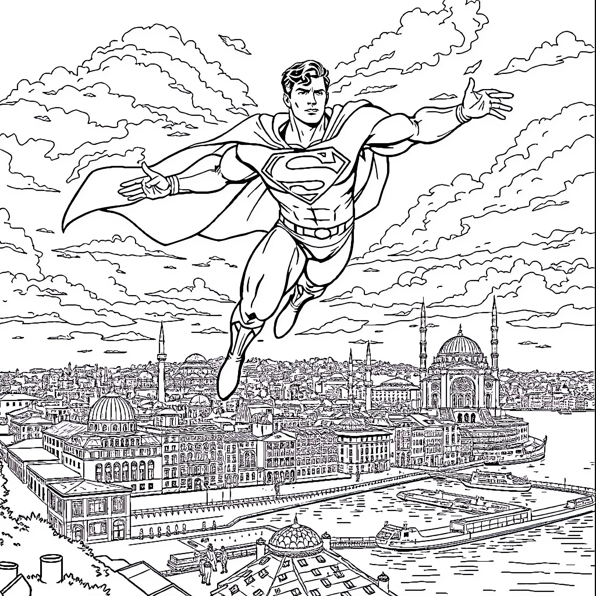 Superman soaring over the city skyline Coloring Page (free black-and-white line drawing printable PDF for all, from beginners to advanced learners, including children, teens, adults, and seniors)