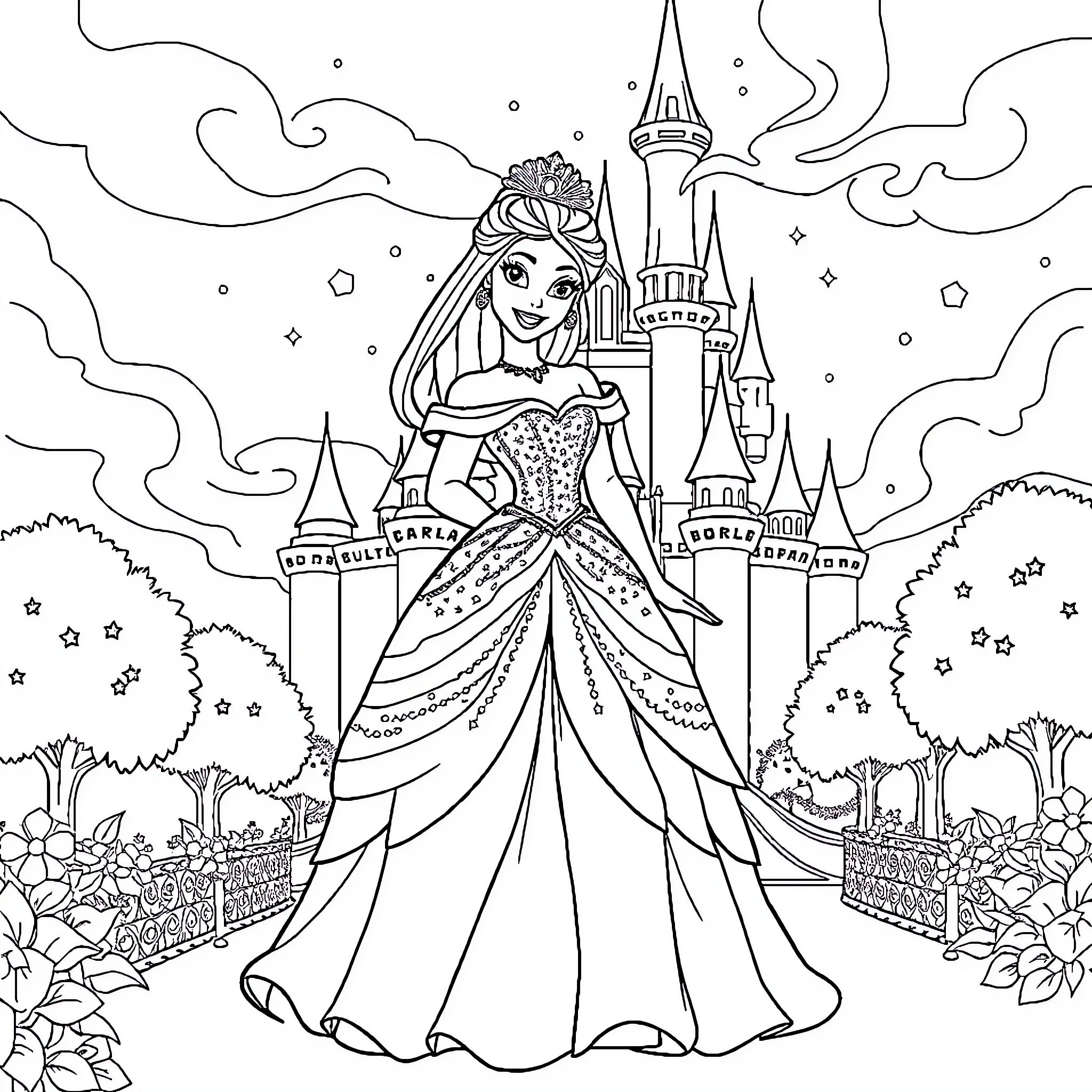 Princess in Elegant Gown Admiring Enchanting Castle Coloring Page (free black-and-white line drawing printable PDF for all, from beginners to advanced learners, including children, teens, adults, and seniors)
