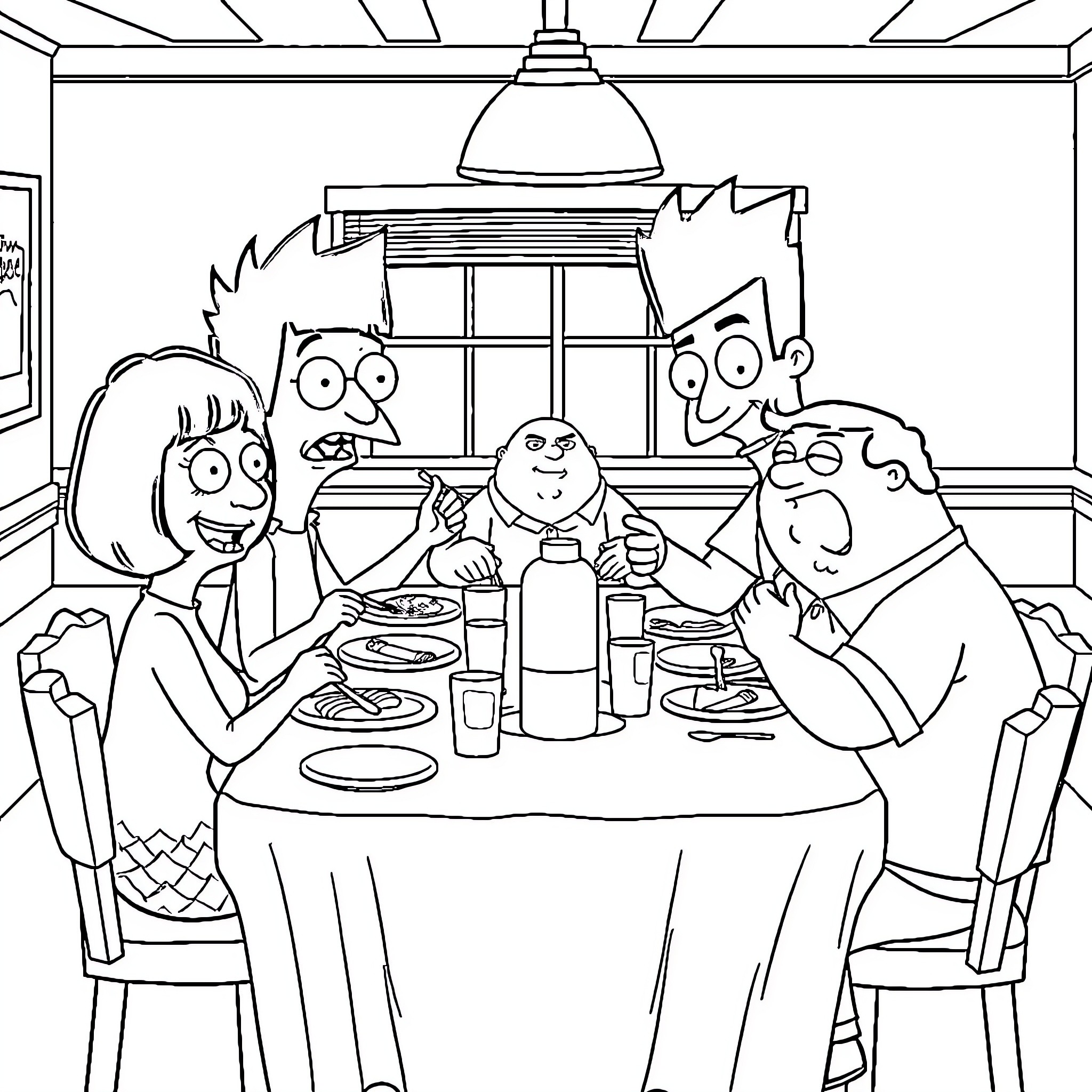 Character family eating together in a kitchen Coloring Page (free black-and-white line drawing printable PDF for all, from beginners to advanced learners, including children, teens, adults, and seniors)