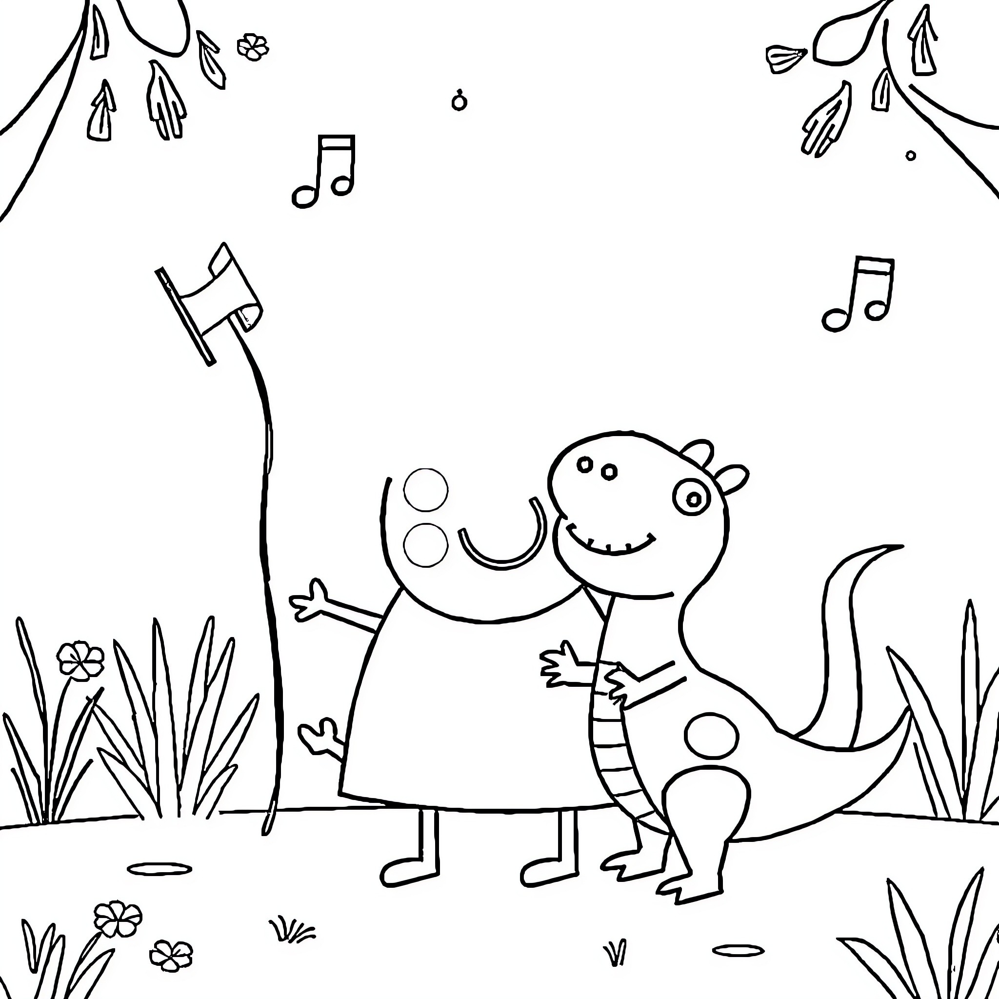 Peppa Pig exploring nature with musical notes Coloring Page (free black-and-white line drawing printable PDF for all, from beginners to advanced learners, including children, teens, adults, and seniors)