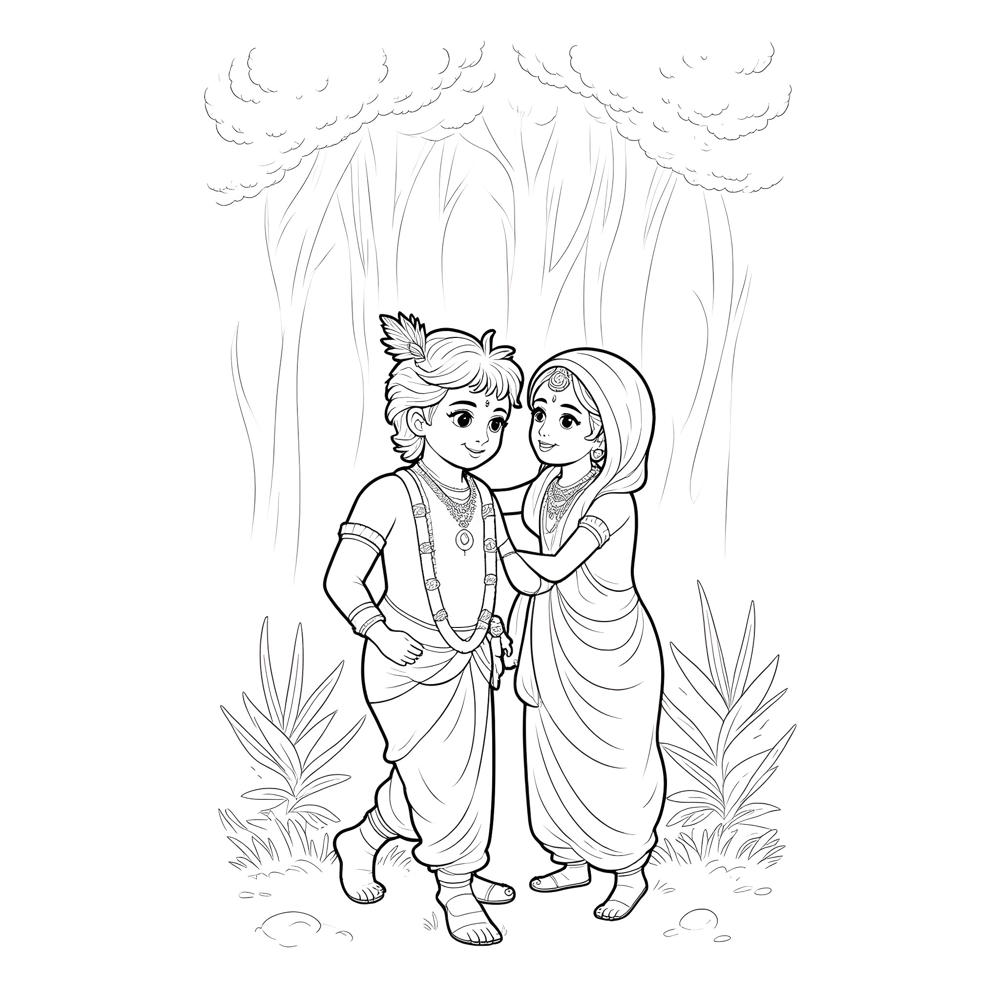 Krishna and Radha in a forest setting Coloring Page (free black-and-white line drawing printable PDF for all, from beginners to advanced learners, including children, teens, adults, and seniors)