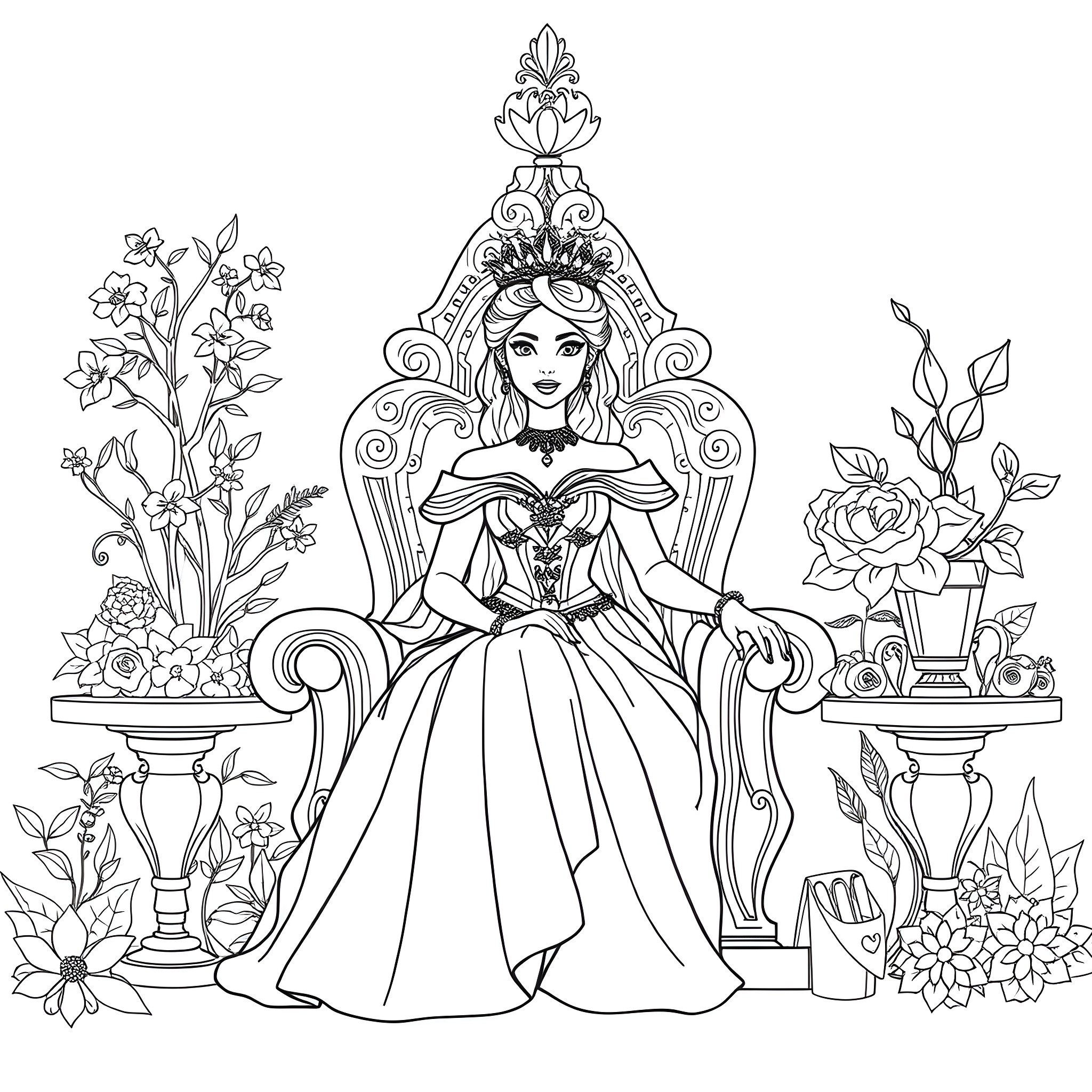Princess in Ornate Throne Room with Flowers Coloring Page (free black-and-white line drawing printable PDF for all, from beginners to advanced learners, including children, teens, adults, and seniors)