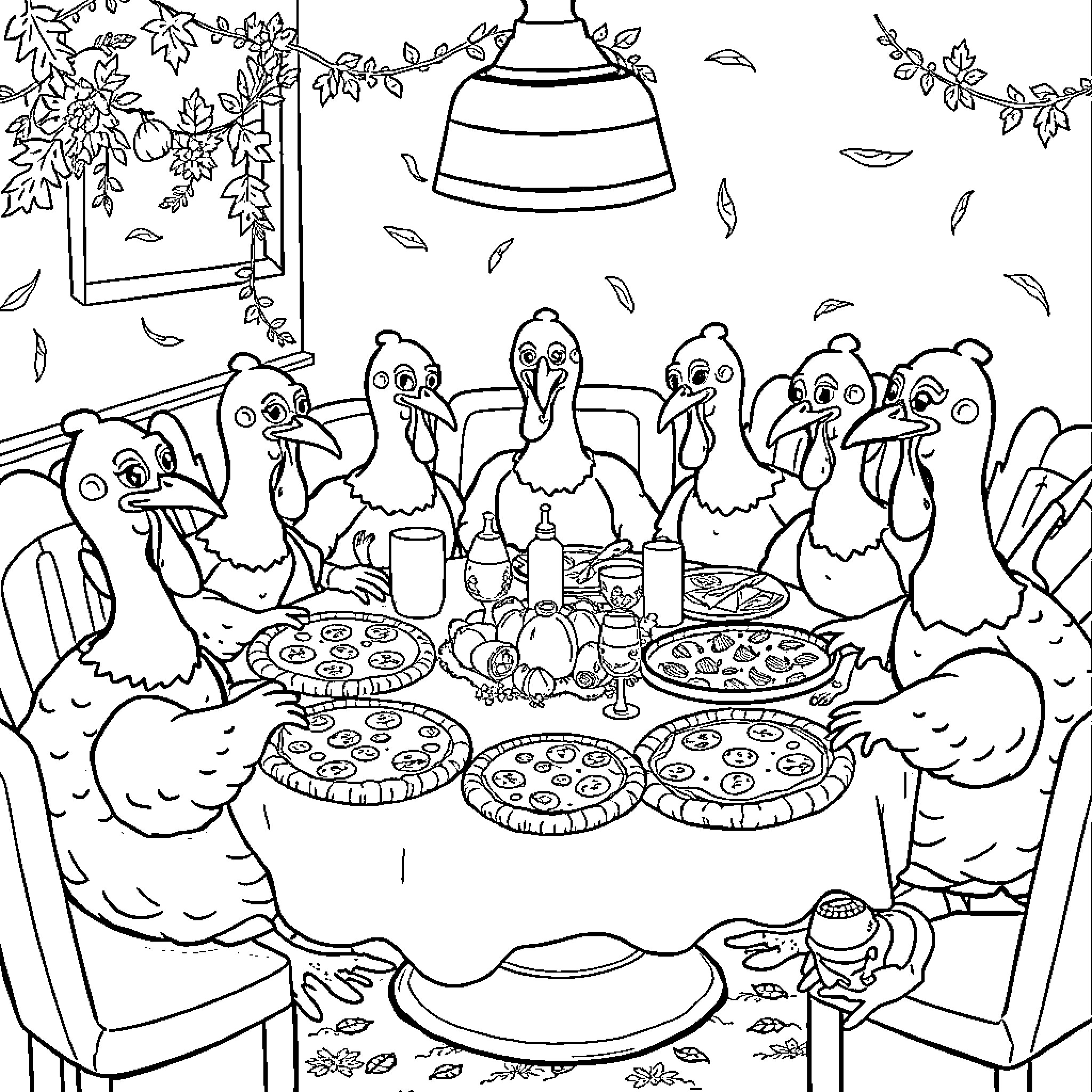 Turkey Family Enjoying a Festive Meal Together Coloring Page (free black-and-white line drawing printable PDF for all, from beginners to advanced learners, including children, teens, adults, and seniors)