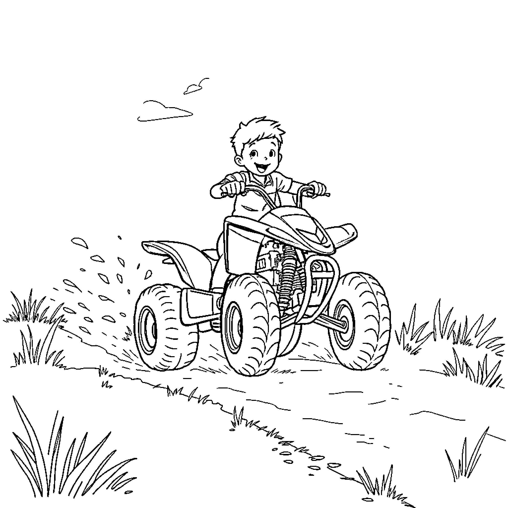 Boy riding a quad bike on a dusty trail Coloring Page (free black-and-white line drawing printable PDF for all, from beginners to advanced learners, including children, teens, adults, and seniors)