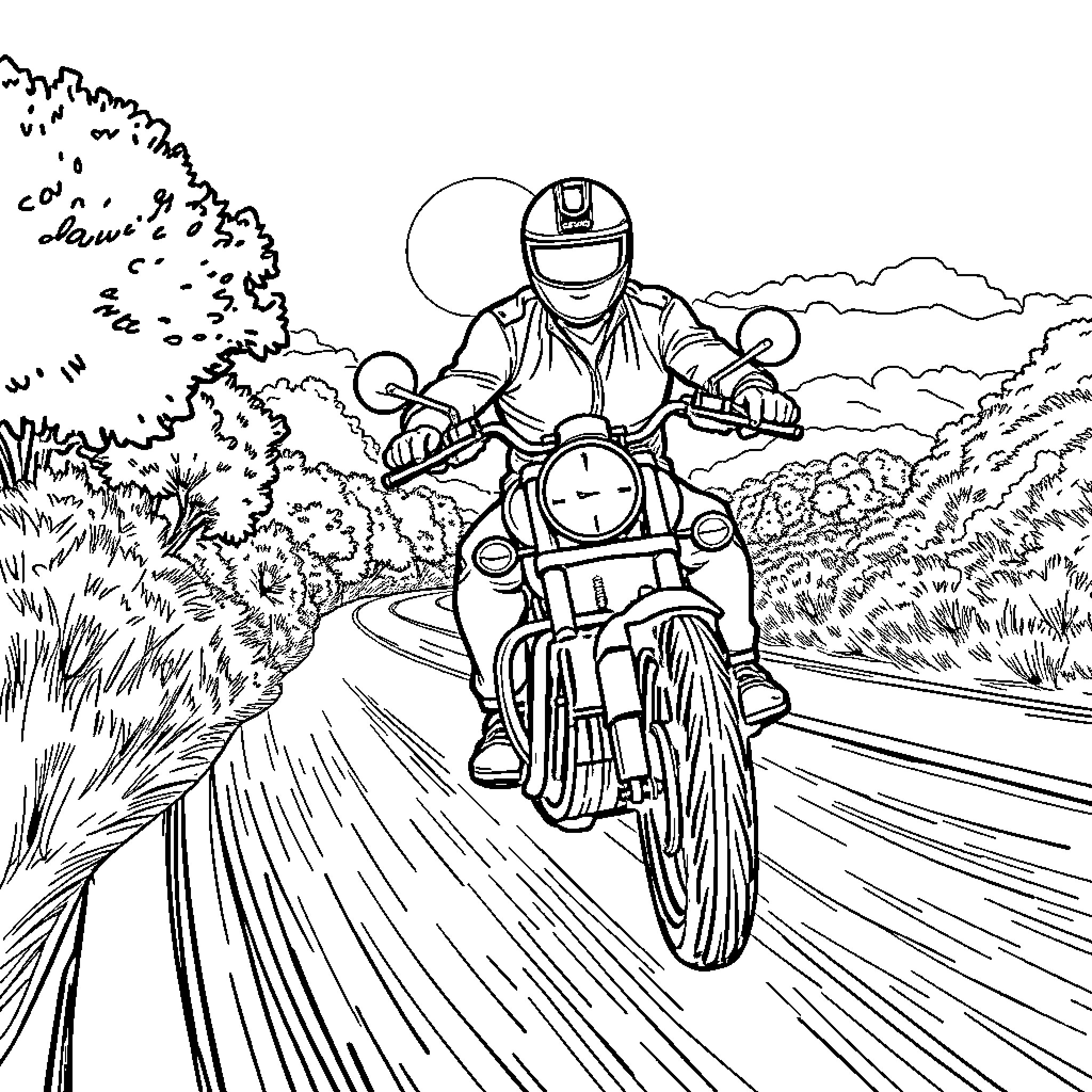 Man riding motorcycle on a winding road through nature Coloring Page (free black-and-white line drawing printable PDF for all, from beginners to advanced learners, including children, teens, adults, and seniors)