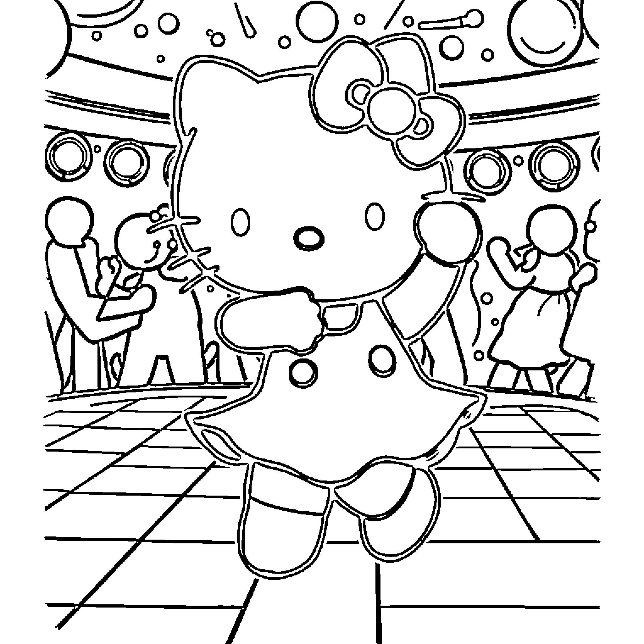 Hello Kitty Enjoys the Party Scene Coloring Page (free black-and-white line drawing printable PDF for all, from beginners to advanced learners, including children, teens, adults, and seniors)