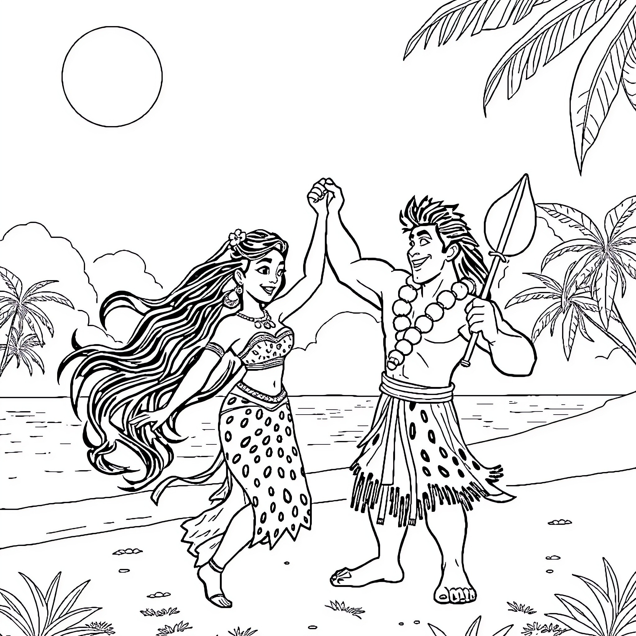 Vaiana and Maui dancing on the beach Coloring Page (free black-and-white line drawing printable PDF for all, from beginners to advanced learners, including children, teens, adults, and seniors)