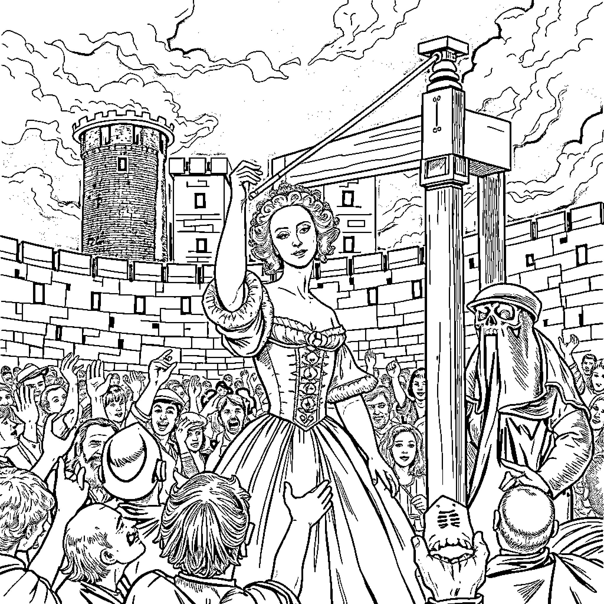 Marie Antoinette in an ornate dress addressing a crowd Coloring Page (free black-and-white line drawing printable PDF for all, from beginners to advanced learners, including children, teens, adults, and seniors)