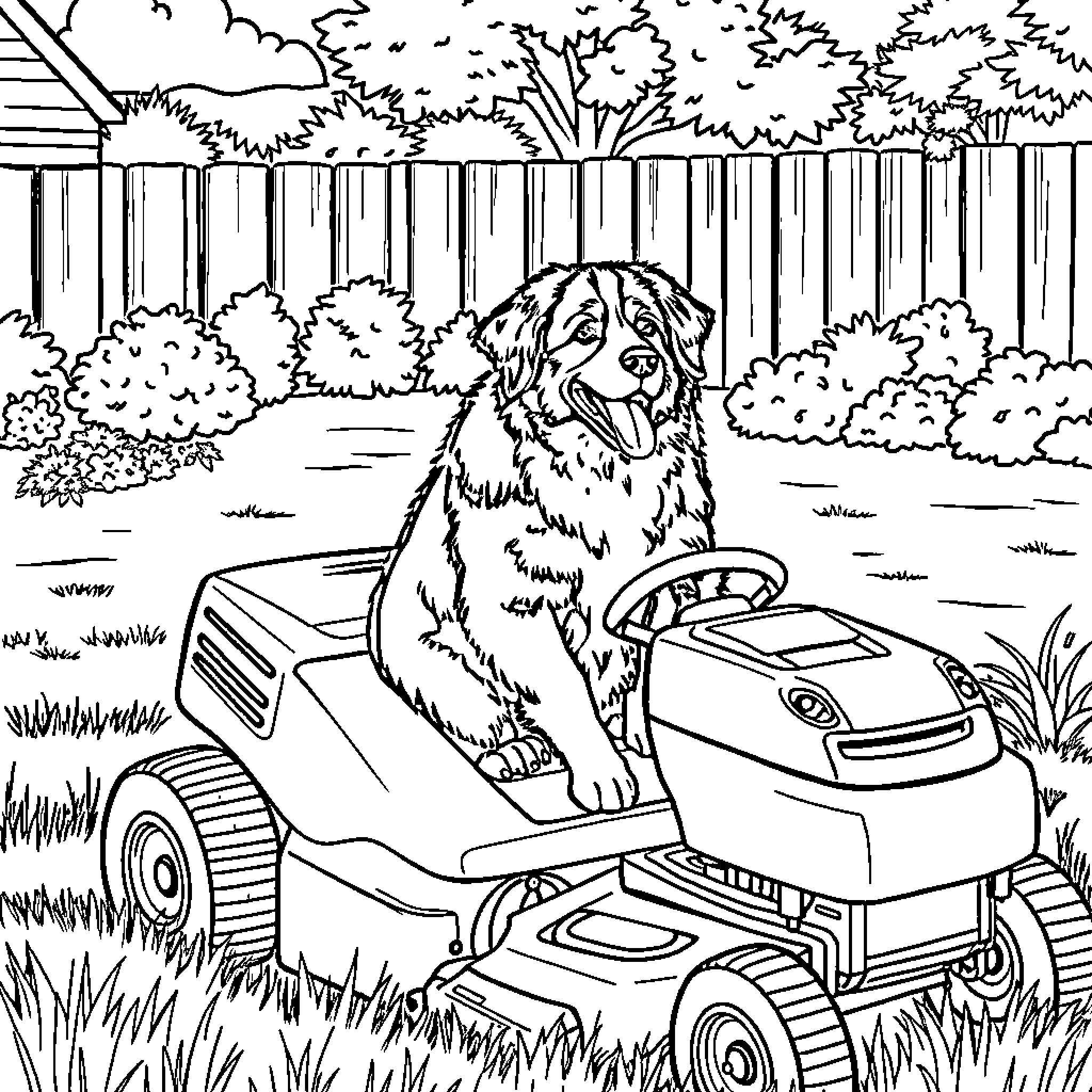 Bernese Mountain Dog enjoying a ride on a lawn mower Coloring Page (free black-and-white line drawing printable PDF for all, from beginners to advanced learners, including children, teens, adults, and seniors)