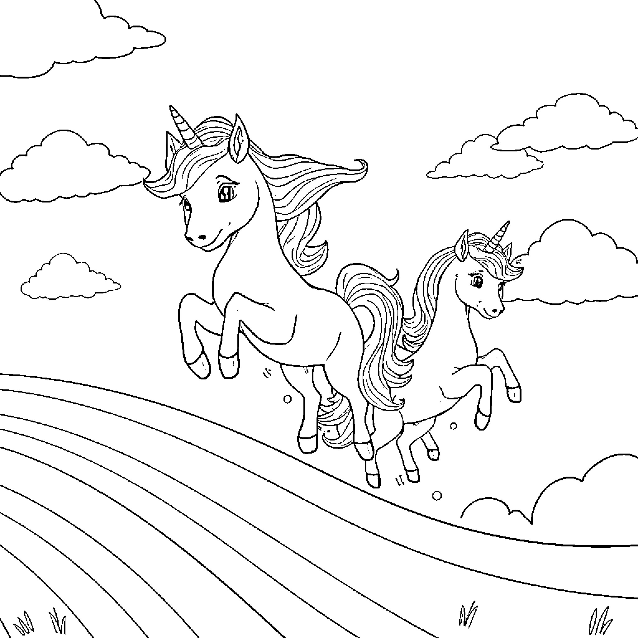 Unicorn friends galloping across the meadow Coloring Page (free black-and-white line drawing printable PDF for all, from beginners to advanced learners, including children, teens, adults, and seniors)