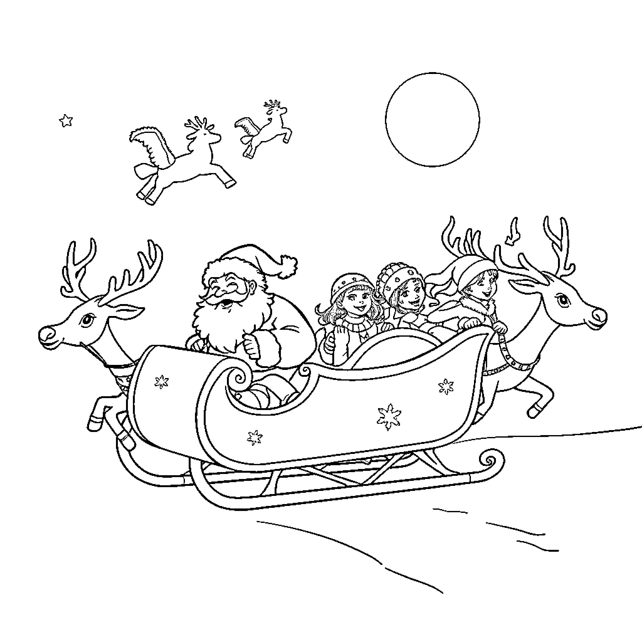 Santa's sleigh ride with reindeer and helpers Coloring Page (free black-and-white line drawing printable PDF for all, from beginners to advanced learners, including children, teens, adults, and seniors)