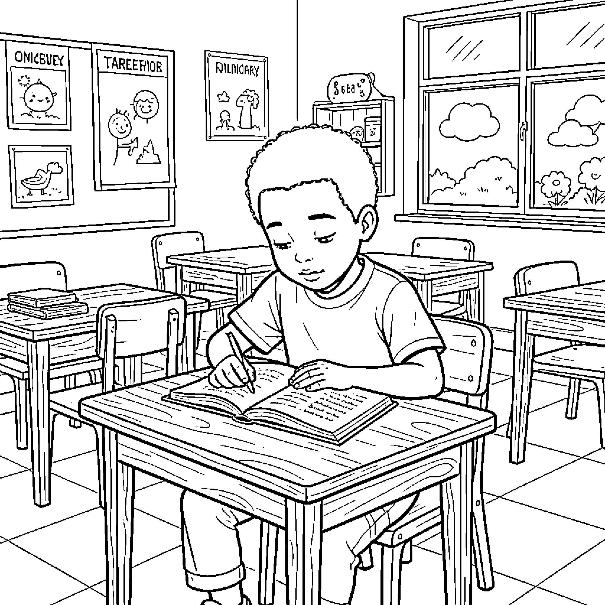 Child sitting at a desk writing in a book Coloring Page (free black-and-white line drawing printable PDF for all, from beginners to advanced learners, including children, teens, adults, and seniors)