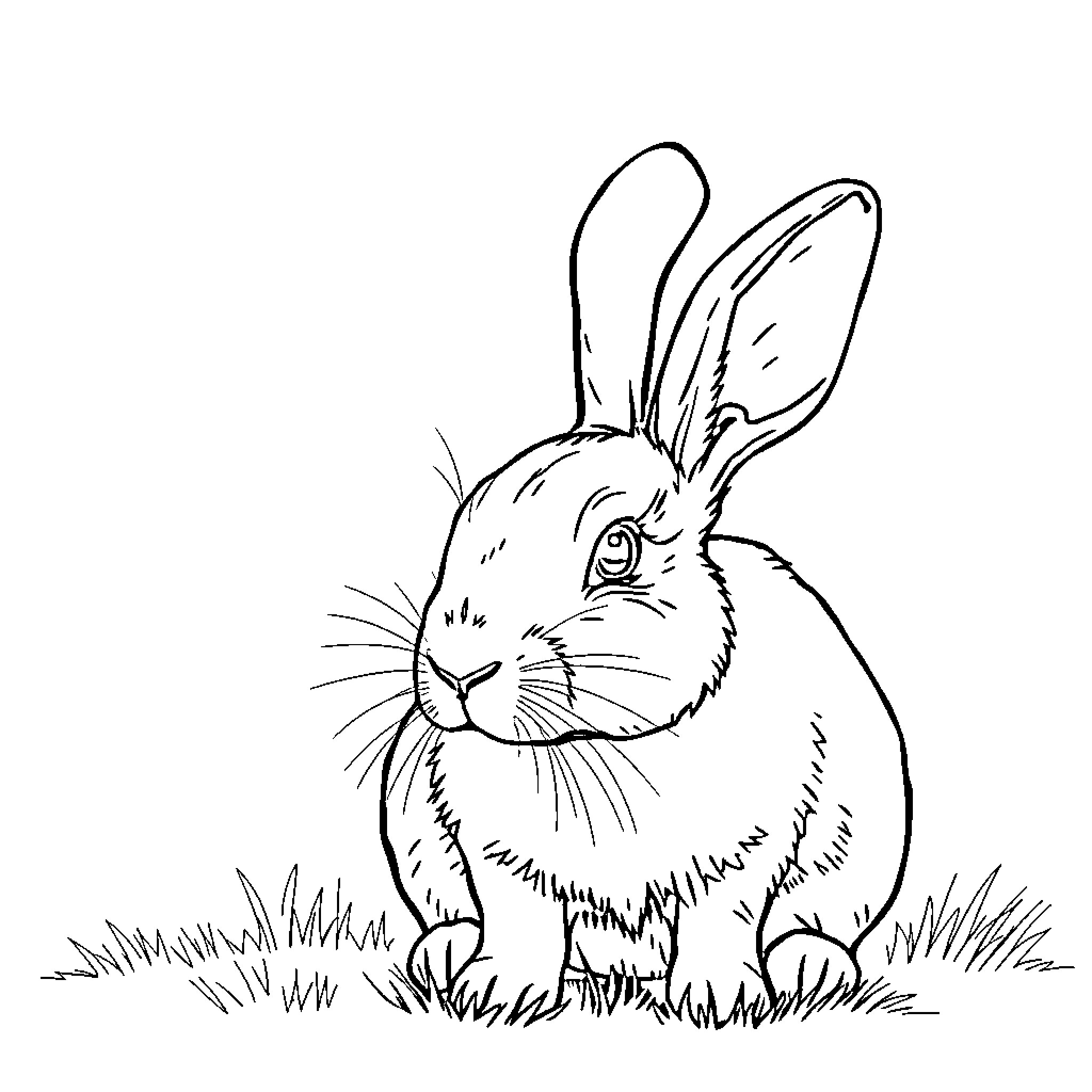 Rabbit sitting calmly in the grass Coloring Page (free black-and-white line drawing printable PDF for all, from beginners to advanced learners, including children, teens, adults, and seniors)